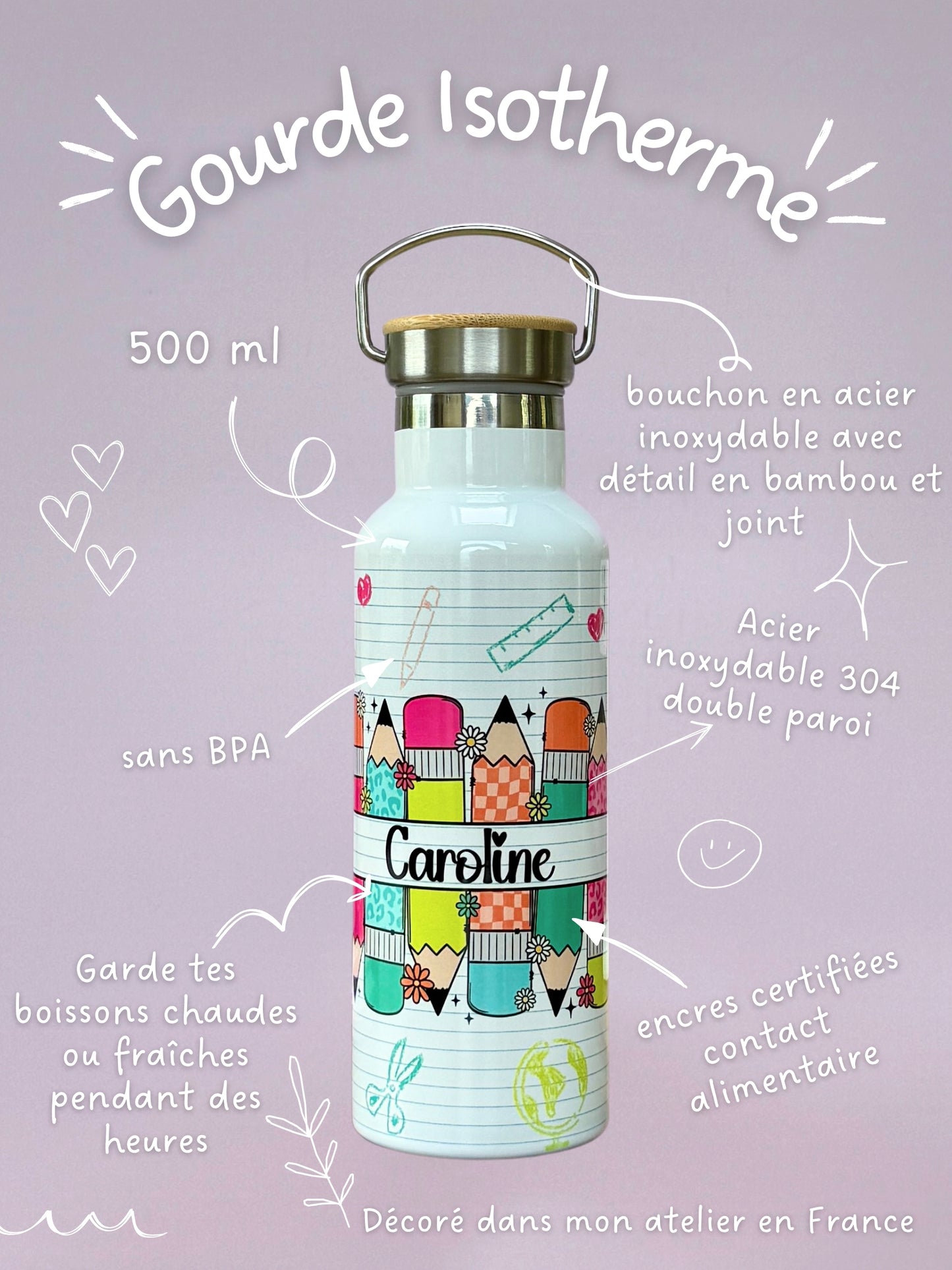 Gourde Isotherme 500 ml - MaĂźtresse Cahier - Personnalisable
