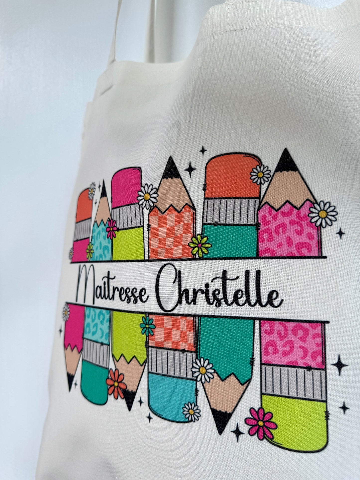 Tote-bag Tissus Recyclé - Maitresse Aux Crayons - Personnalisable