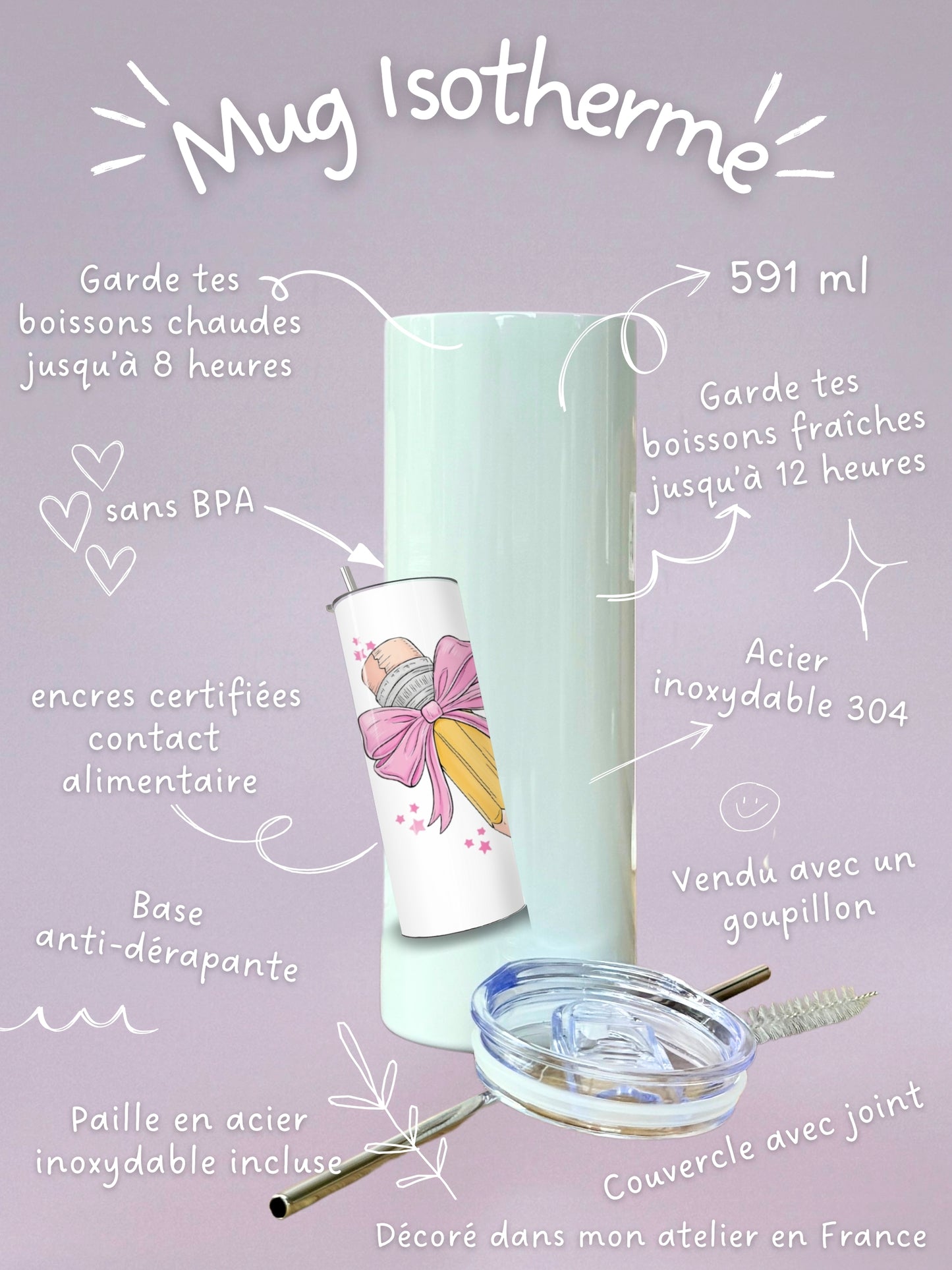Mug Isotherme 591ml avec Couvercle et Paille - Maîtresse Girly - Personnalisable