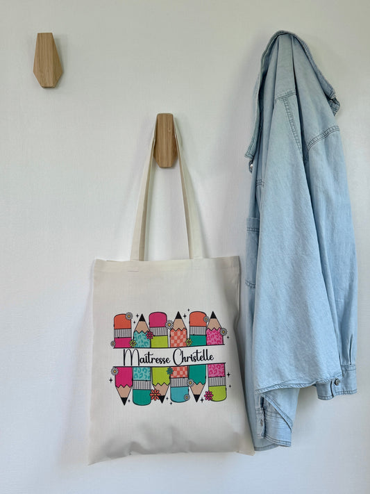 Tote-bag Tissus Recyclé - Maitresse Aux Crayons - Personnalisable