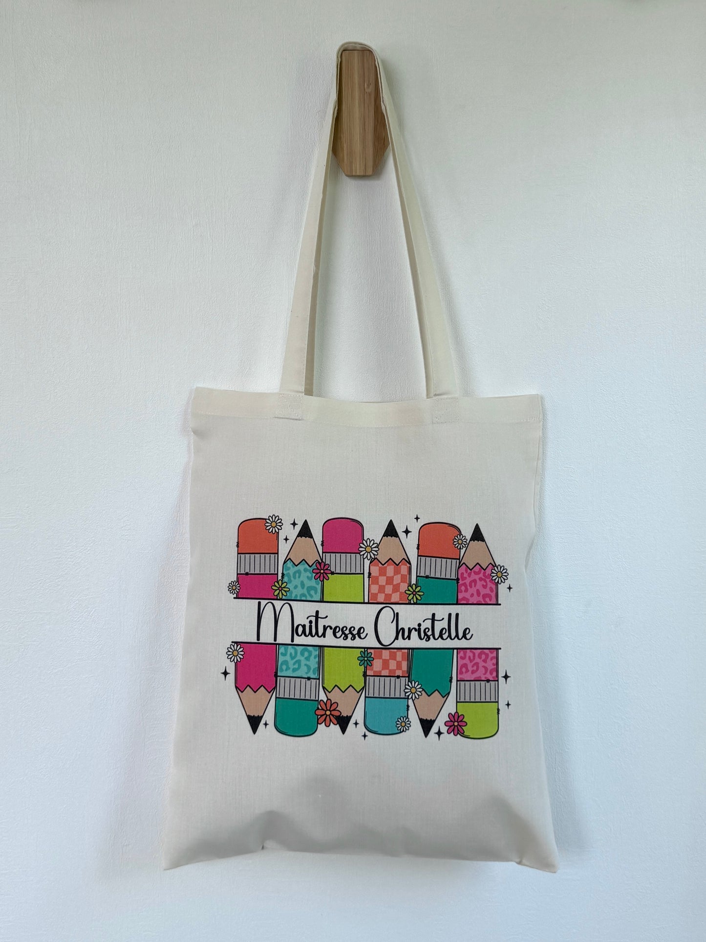 Tote-bag Tissus Recyclé - Maitresse Aux Crayons - Personnalisable