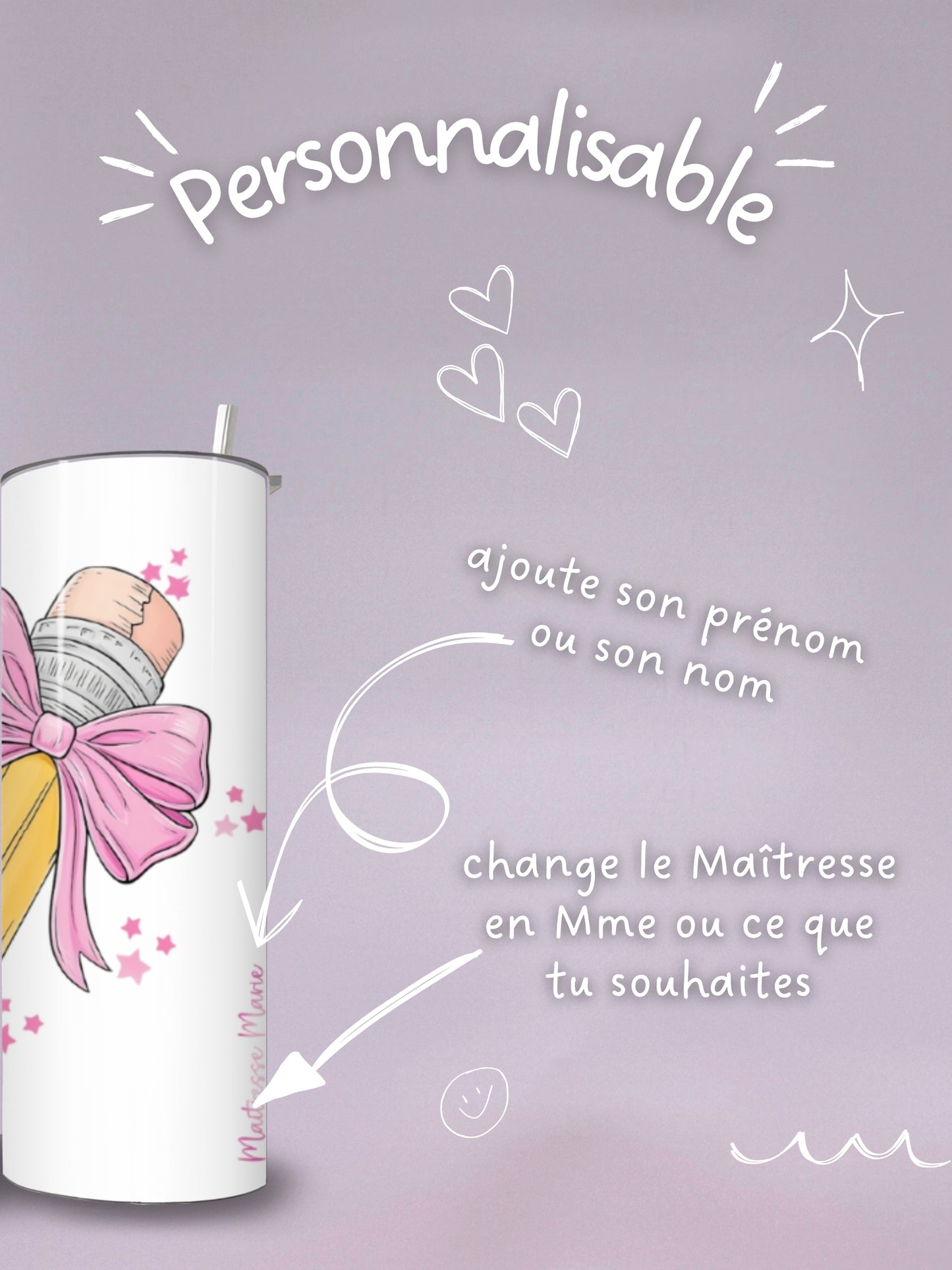 Mug Isotherme 591ml avec Couvercle et Paille - Maîtresse Girly - Personnalisable