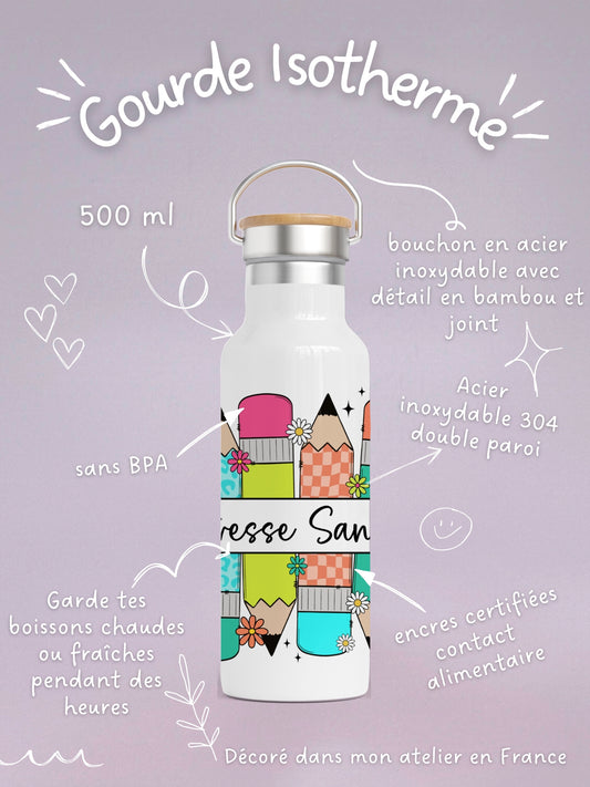 Gourde Isotherme 500 ml - Maîtresse Aux Crayons - Personnalisable