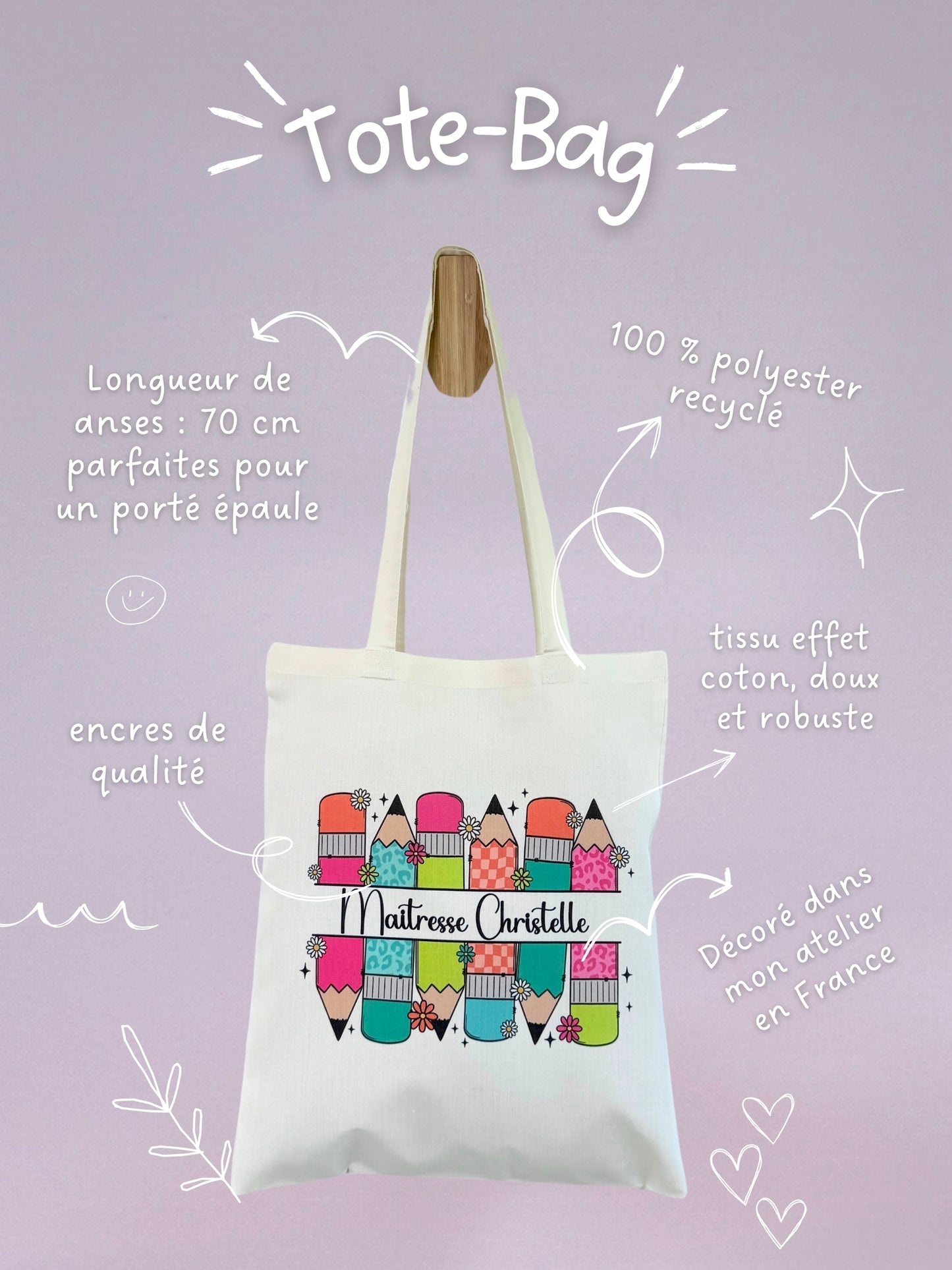 Tote-bag Tissus Recyclé - Maitresse Aux Crayons - Personnalisable
