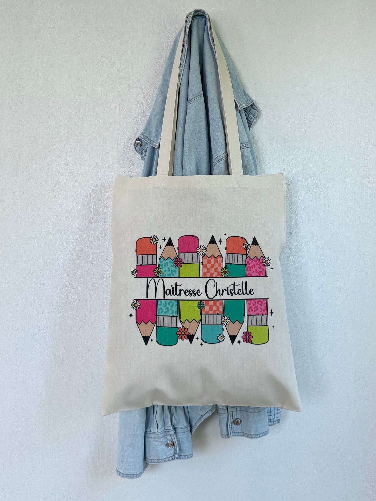 Tote-bag Tissus Recyclé - Maitresse Aux Crayons - Personnalisable