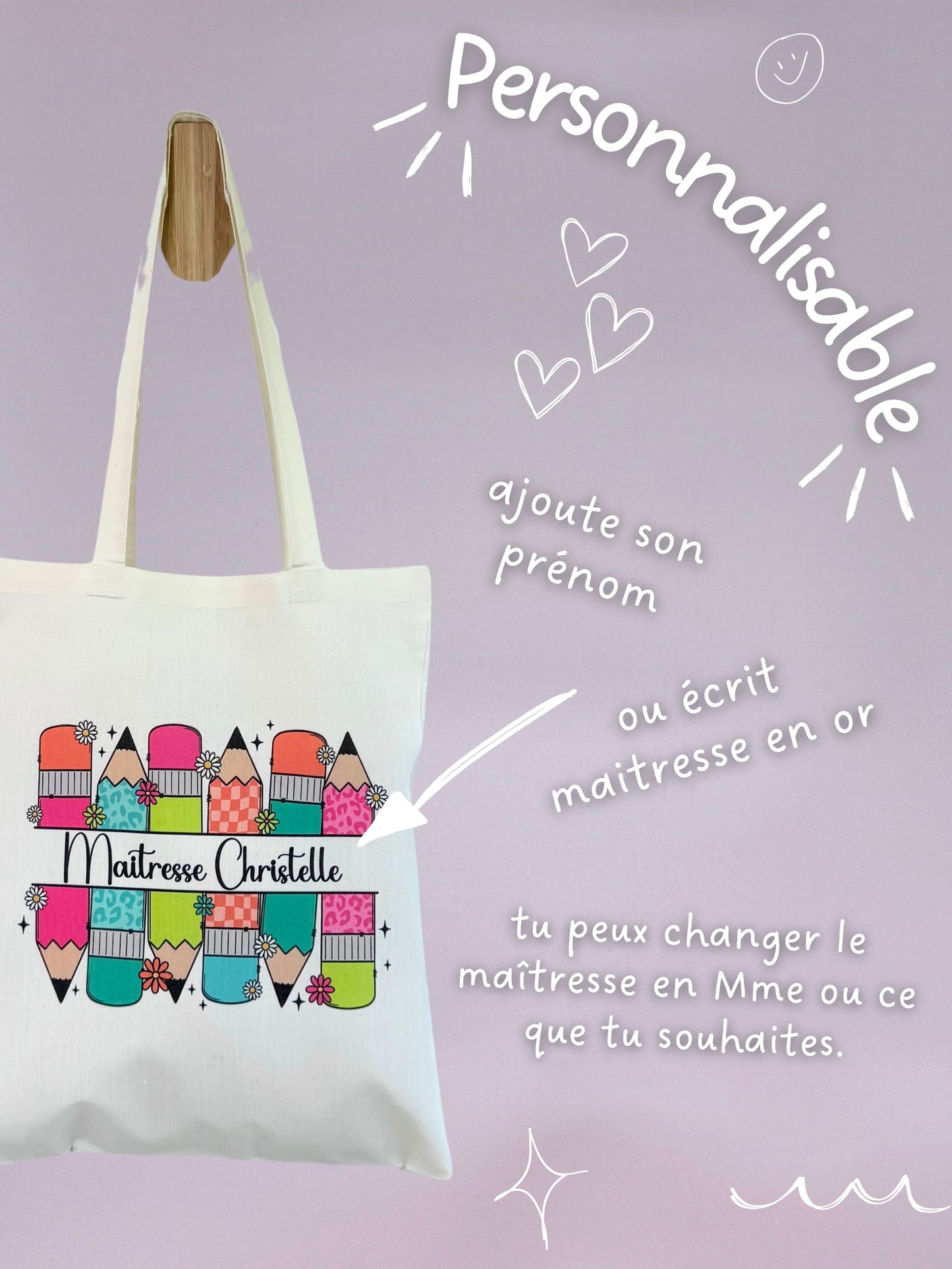 Tote-bag Tissus Recyclé - Maitresse Aux Crayons - Personnalisable