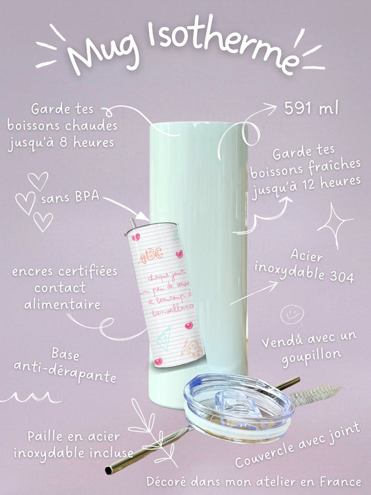 Mug Isotherme 591ml avec Couvercle et Paille - Maîtresse Cahier - Personnalisable