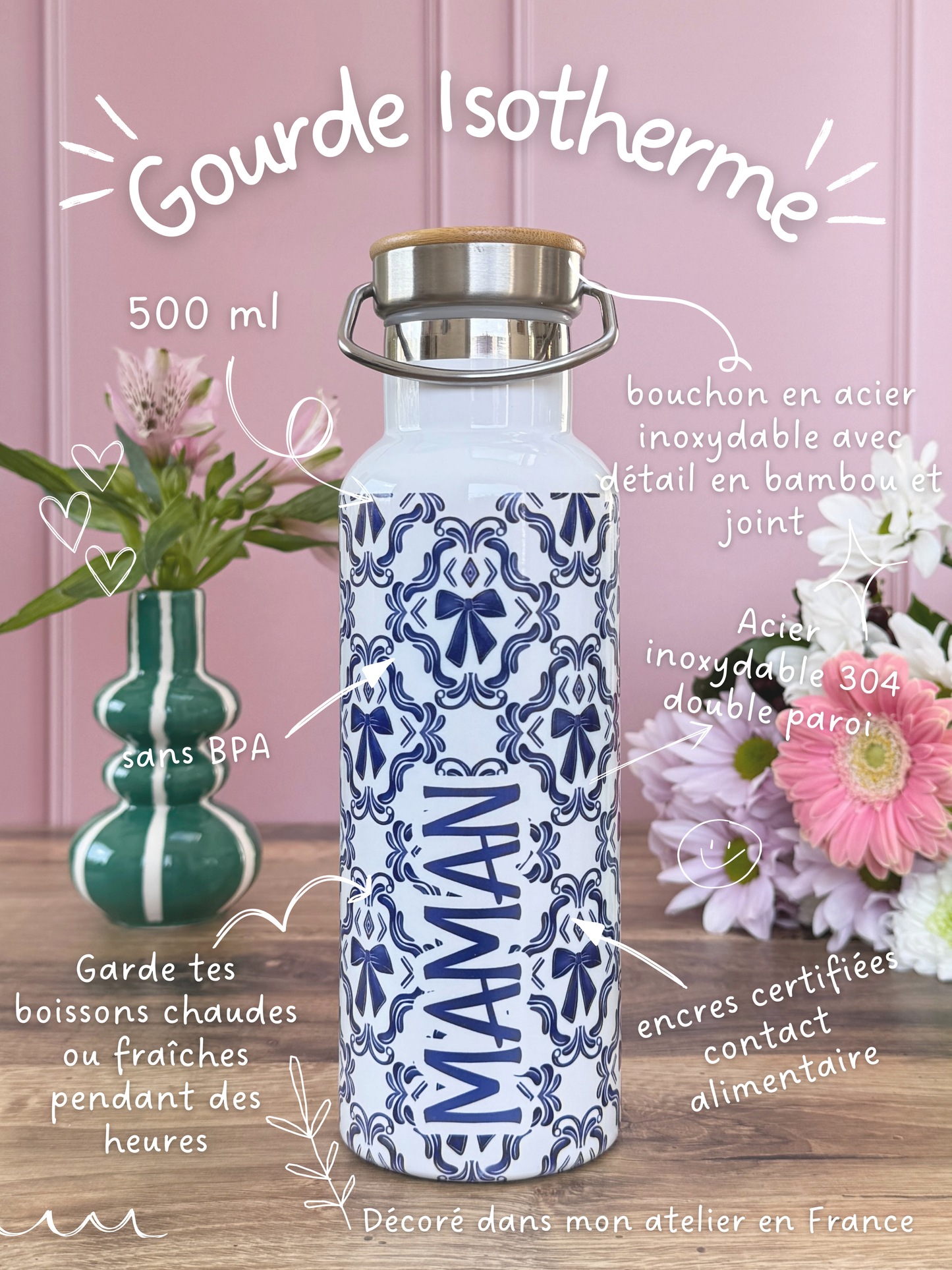 Gourde Isotherme 500 ml - Maman - Noeuds Bleus - Personnalisable