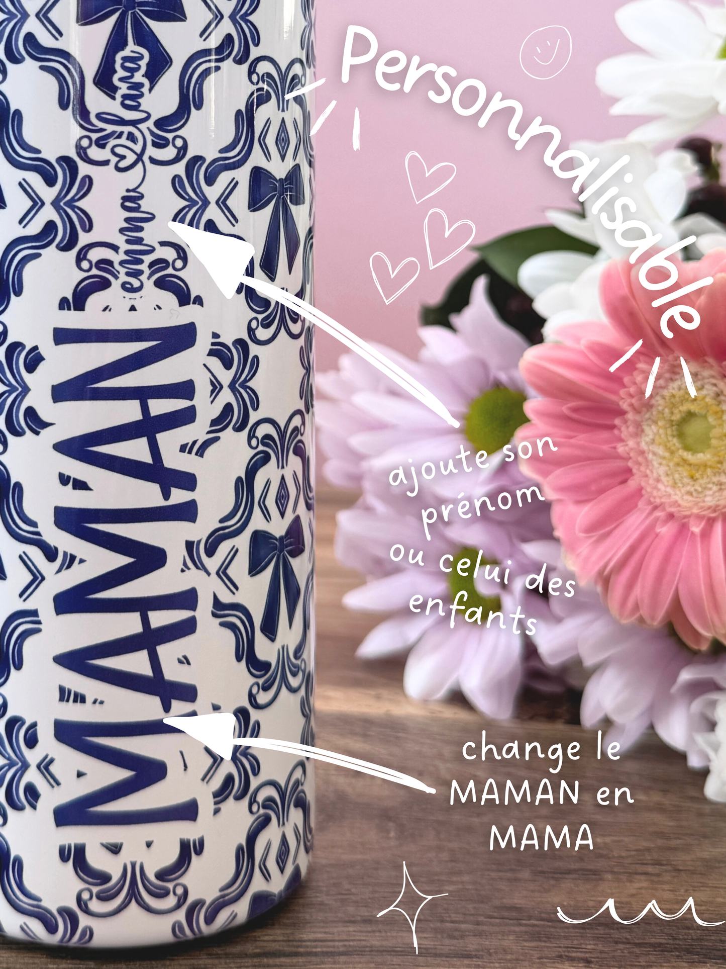 Gourde Isotherme 500 ml - Maman - Noeuds Bleus - Personnalisable