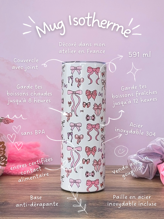 Mug Isotherme 591ml avec Couvercle et Paille - Bows