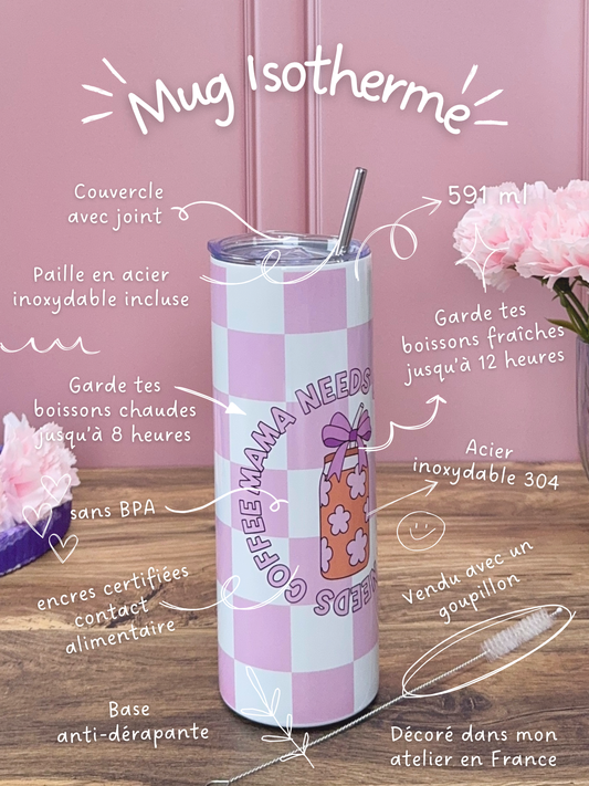 Mug Isotherme 591ml avec Couvercle et Paille - Coffee Mama