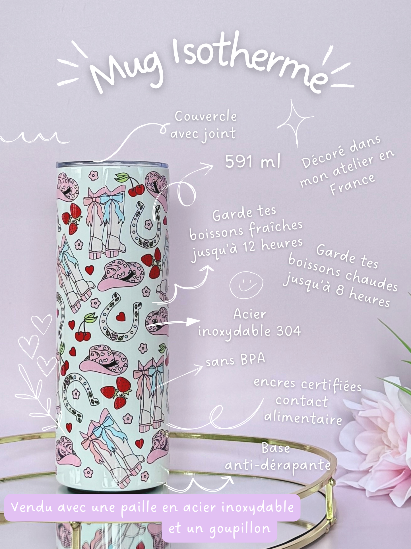 Mug Isotherme 591ml avec Couvercle et Paille - The Lucky Cowgirl