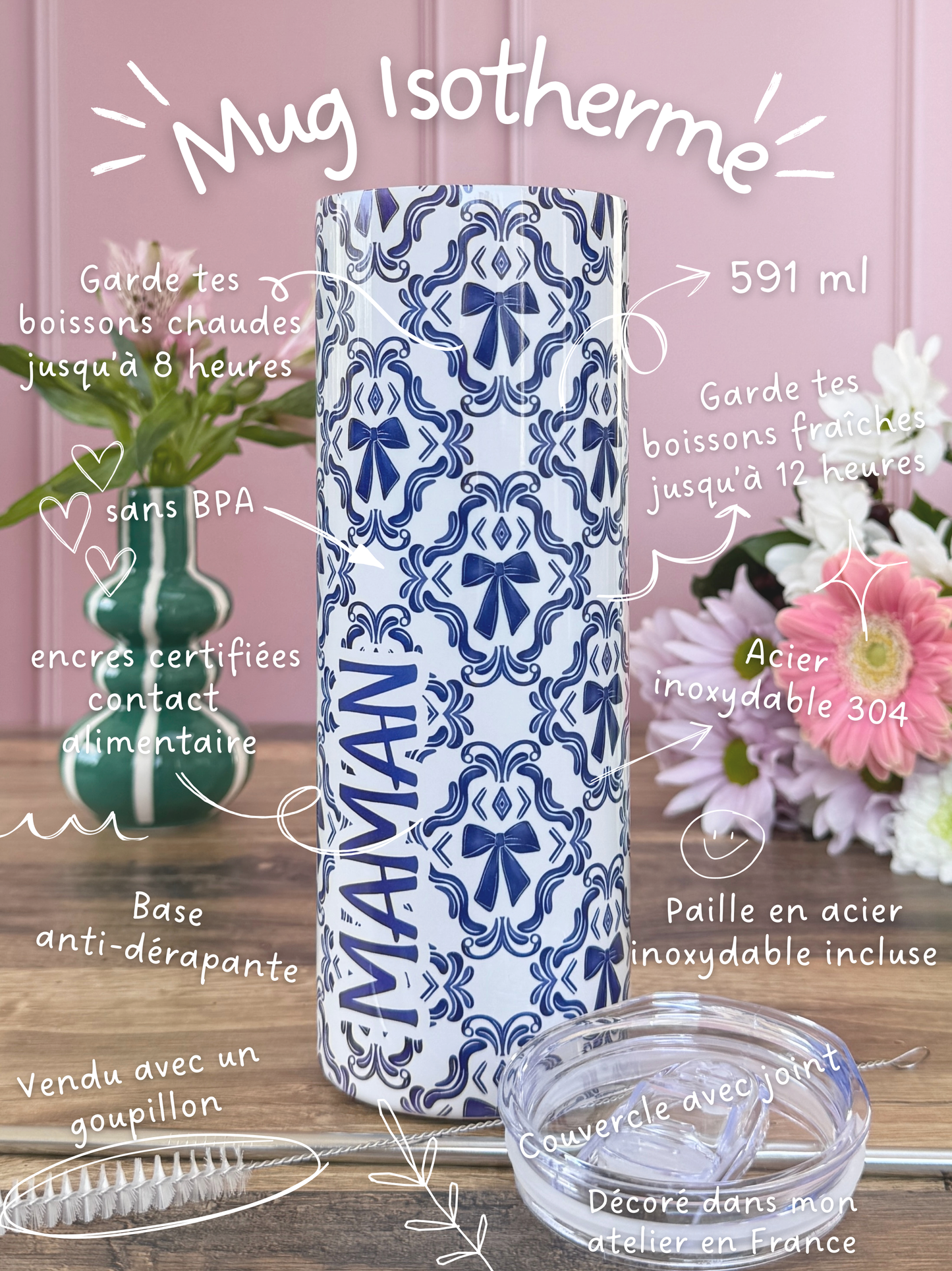 Mug Isotherme 591ml avec Couvercle et Paille - Maman - Noeuds Bleus