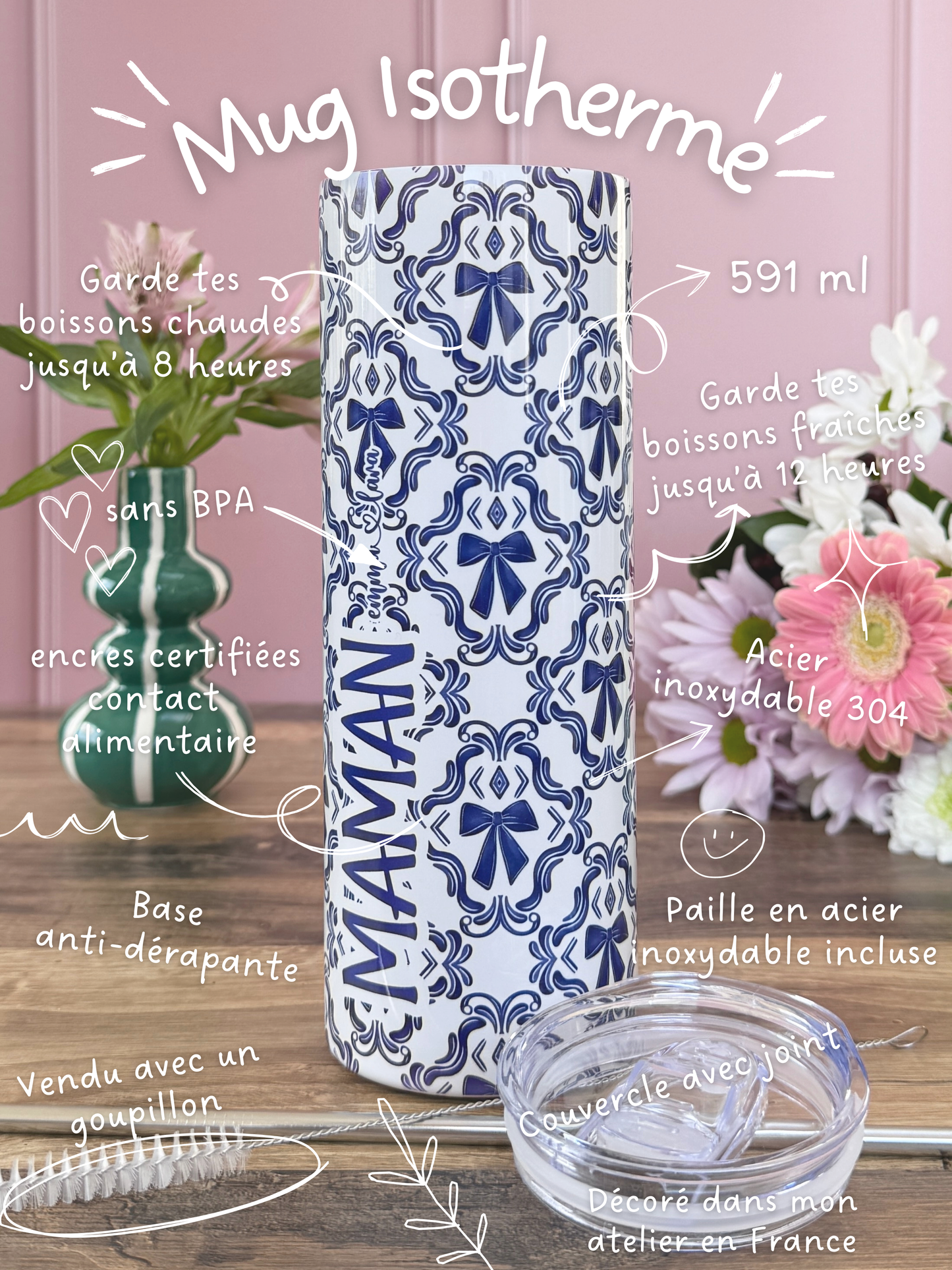 Mug Isotherme 591ml avec Couvercle et Paille - Maman - Noeuds Bleus - Personnalisable