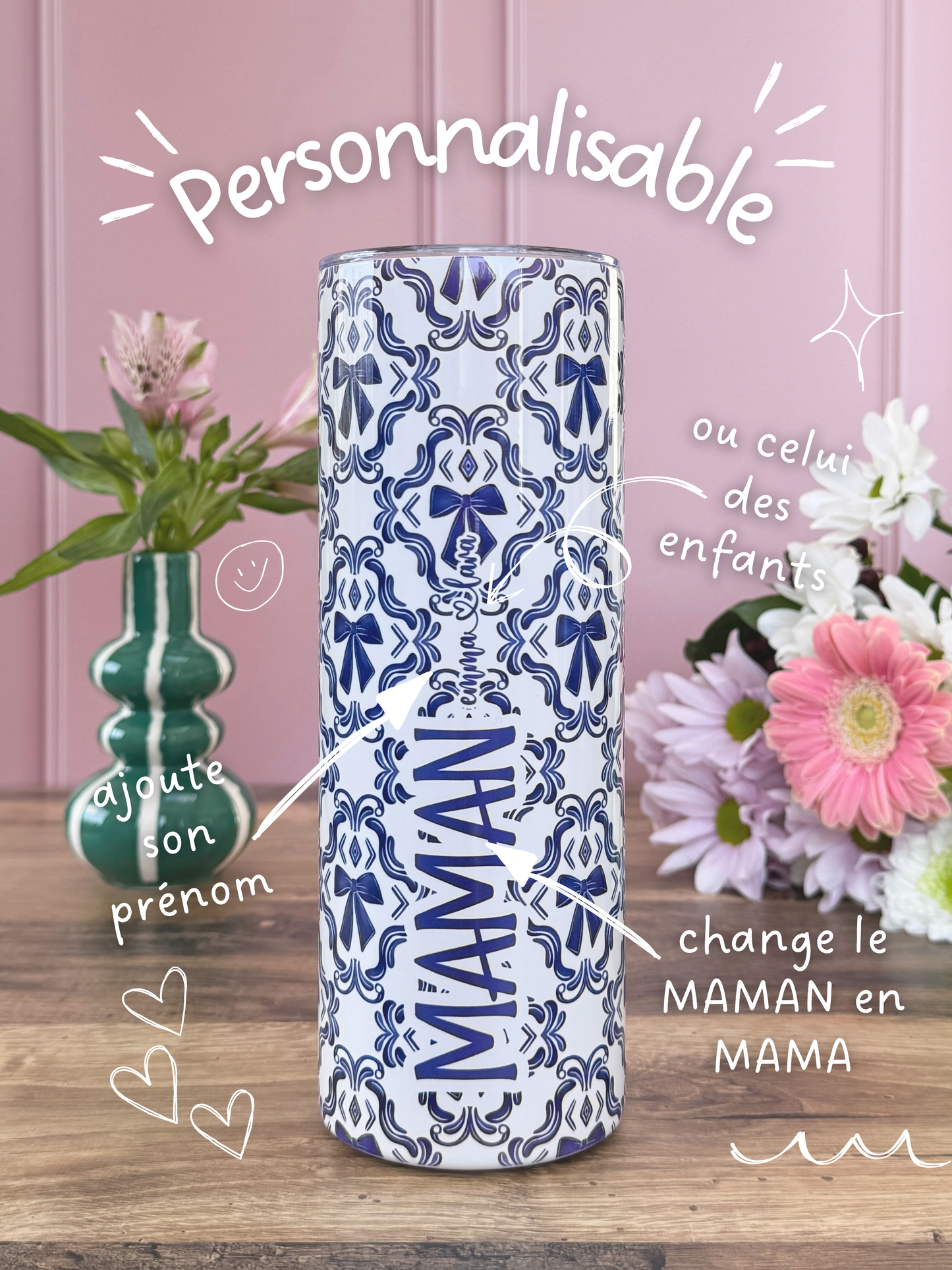Mug Isotherme 591ml avec Couvercle et Paille - Maman - Noeuds Bleus - Personnalisable