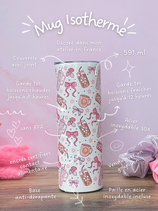 Mug Isotherme 591ml avec Couvercle et Paille - Pink Essentials
