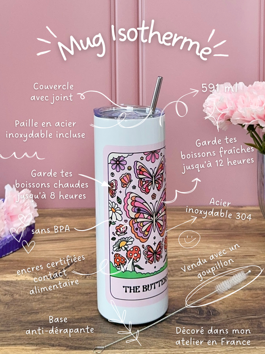 Mug Isotherme 591ml avec Couvercle et Paille - The Butterfly
