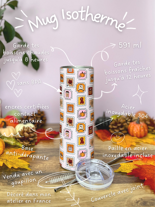 Mug Isotherme 591ml avec Couvercle et Paille - Timbres D'Automne