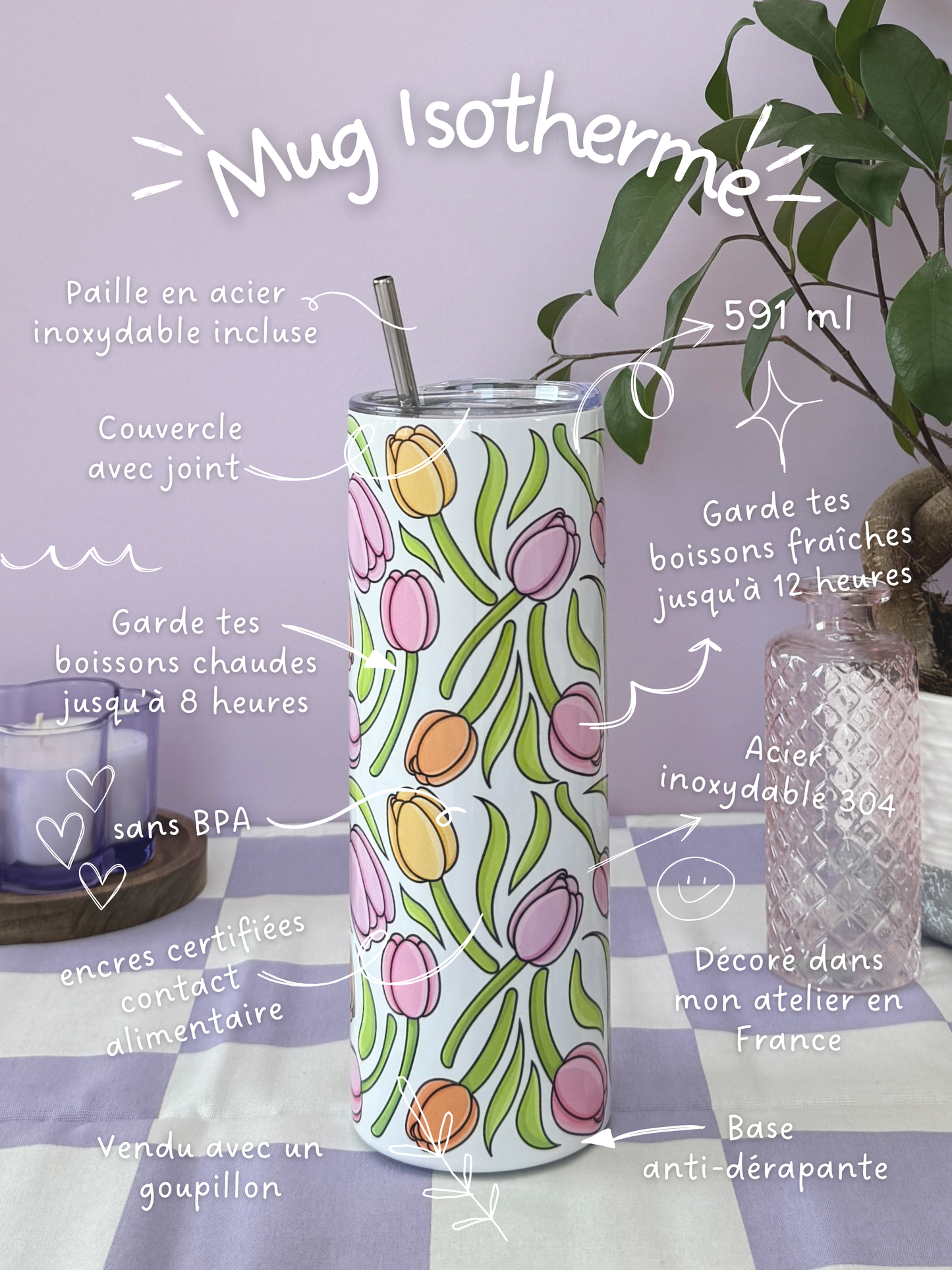 Mug Isotherme 591ml avec Couvercle et Paille - Tulipes