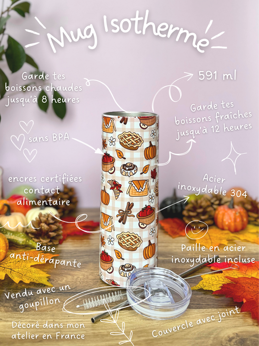 Mug Isotherme 591ml avec Couvercle et Paille - Gourmandises D'Automne