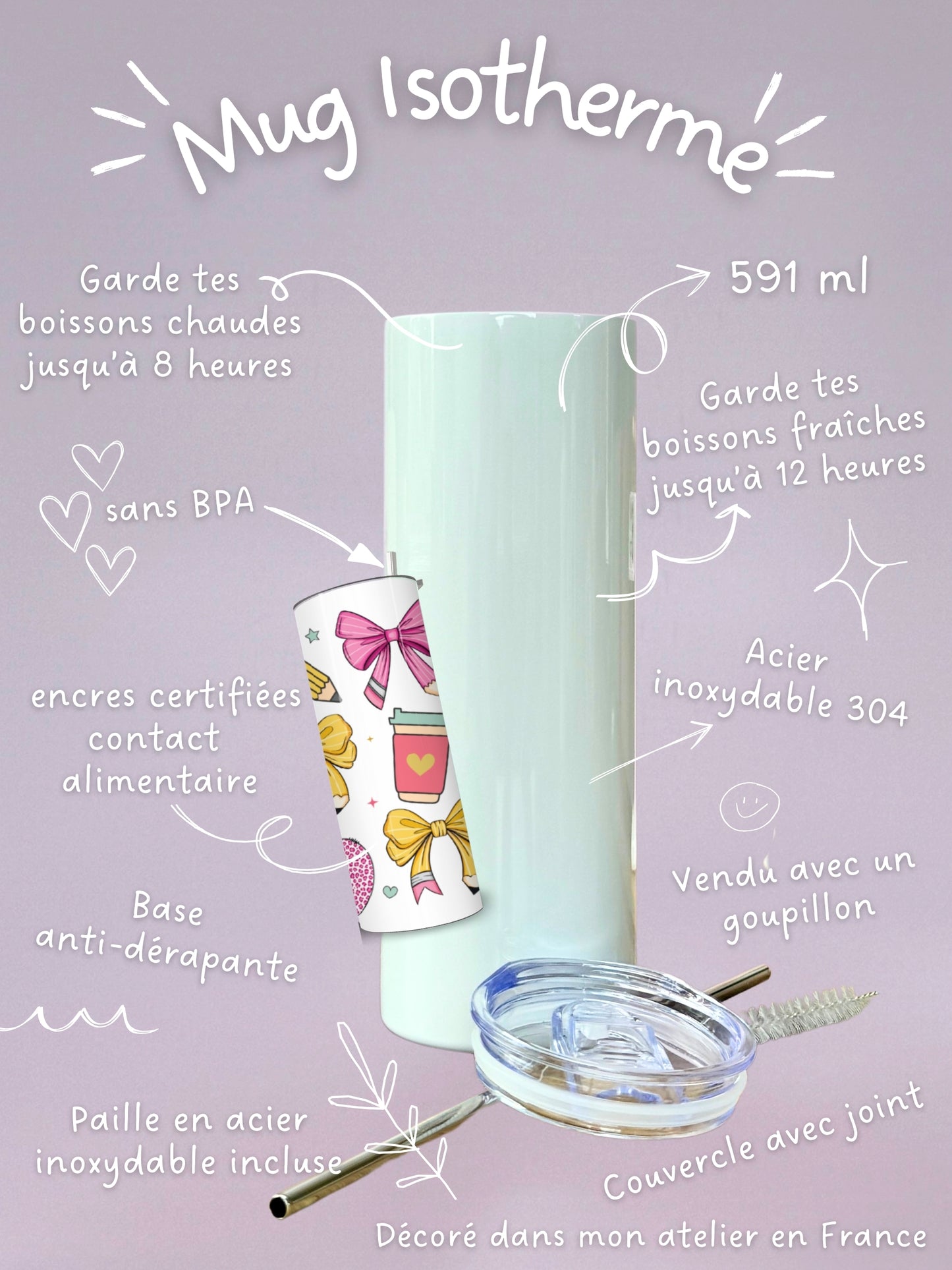 Mug Isotherme 591ml avec Couvercle et Paille - MaĂźtresse Charms - Personnalisable