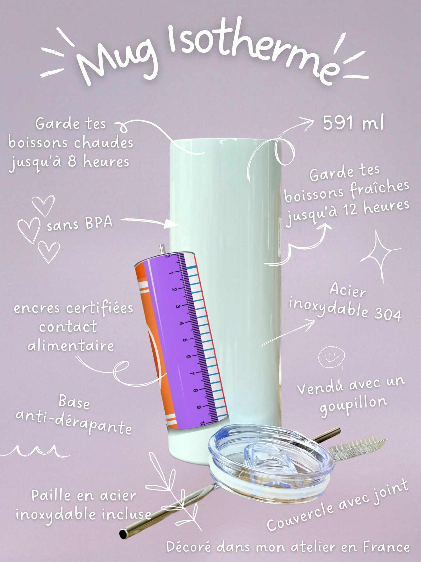 Mug Isotherme 591ml avec Couvercle et Paille - MaĂźtresse Color - Personnalisable