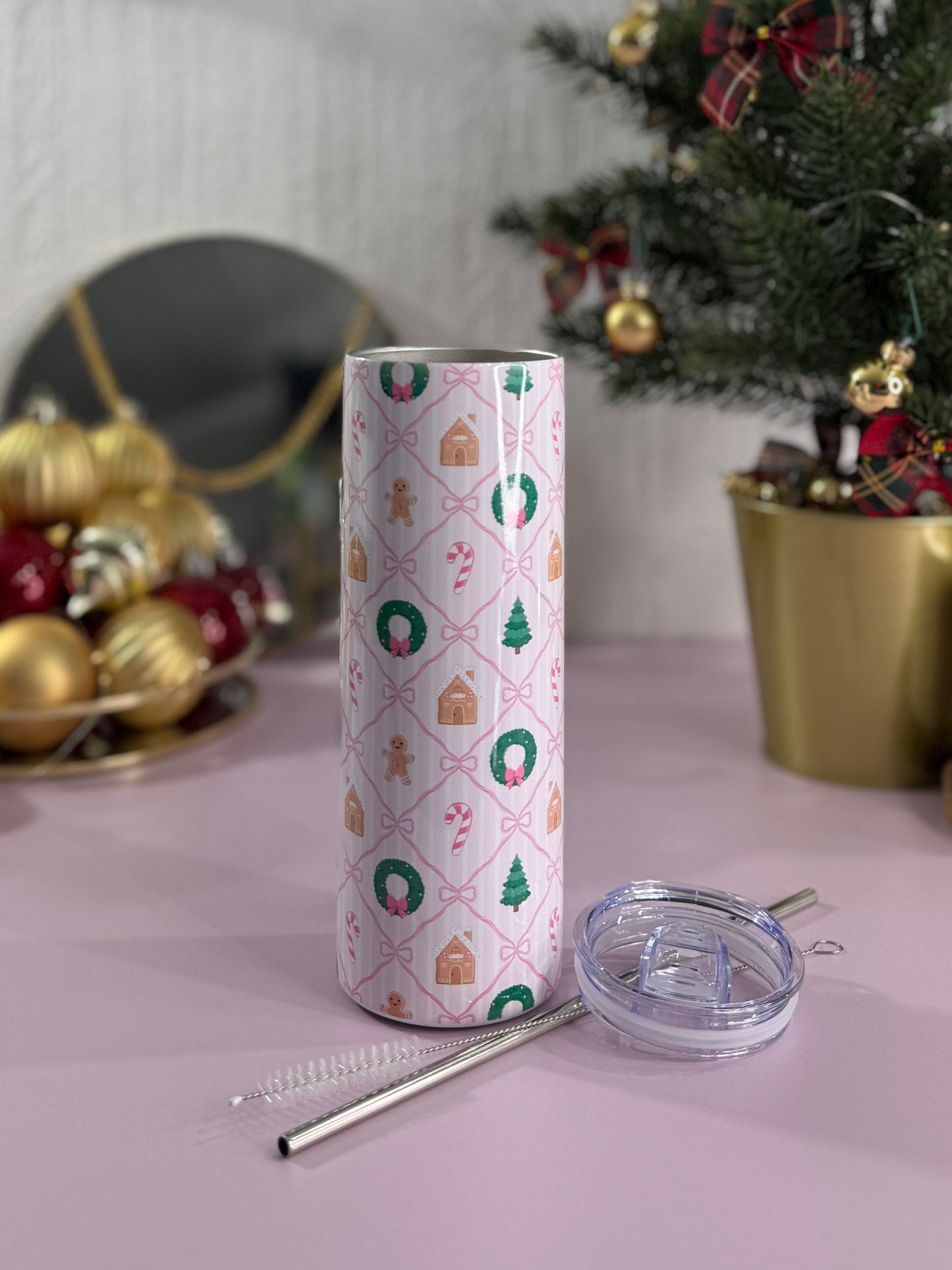Tumbler Isotherme 591ml avec Couvercle et Paille - Christmas Ribbon