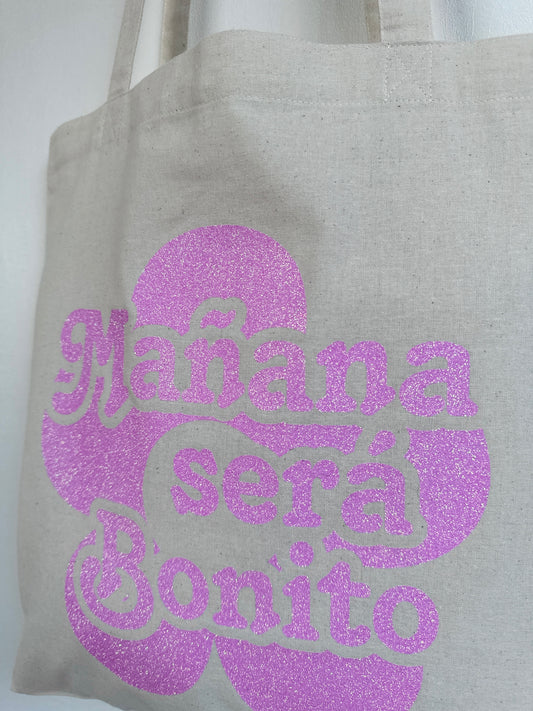 Tote-bag Tissus 100% Recyclé - Mañana Sera Bonito Rose Pailleté