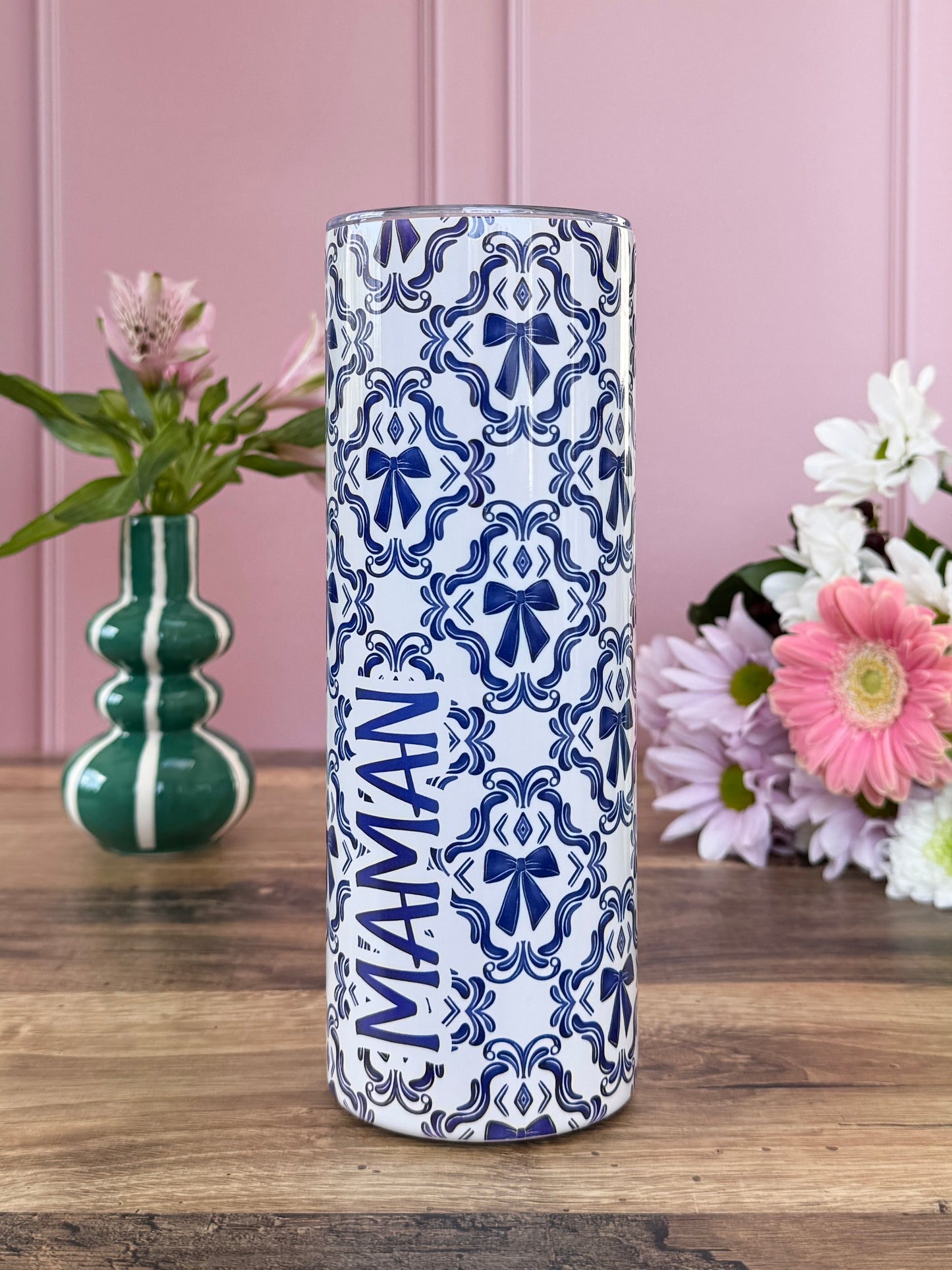 Mug Isotherme 591ml avec Couvercle et Paille - Maman - Noeuds Bleus
