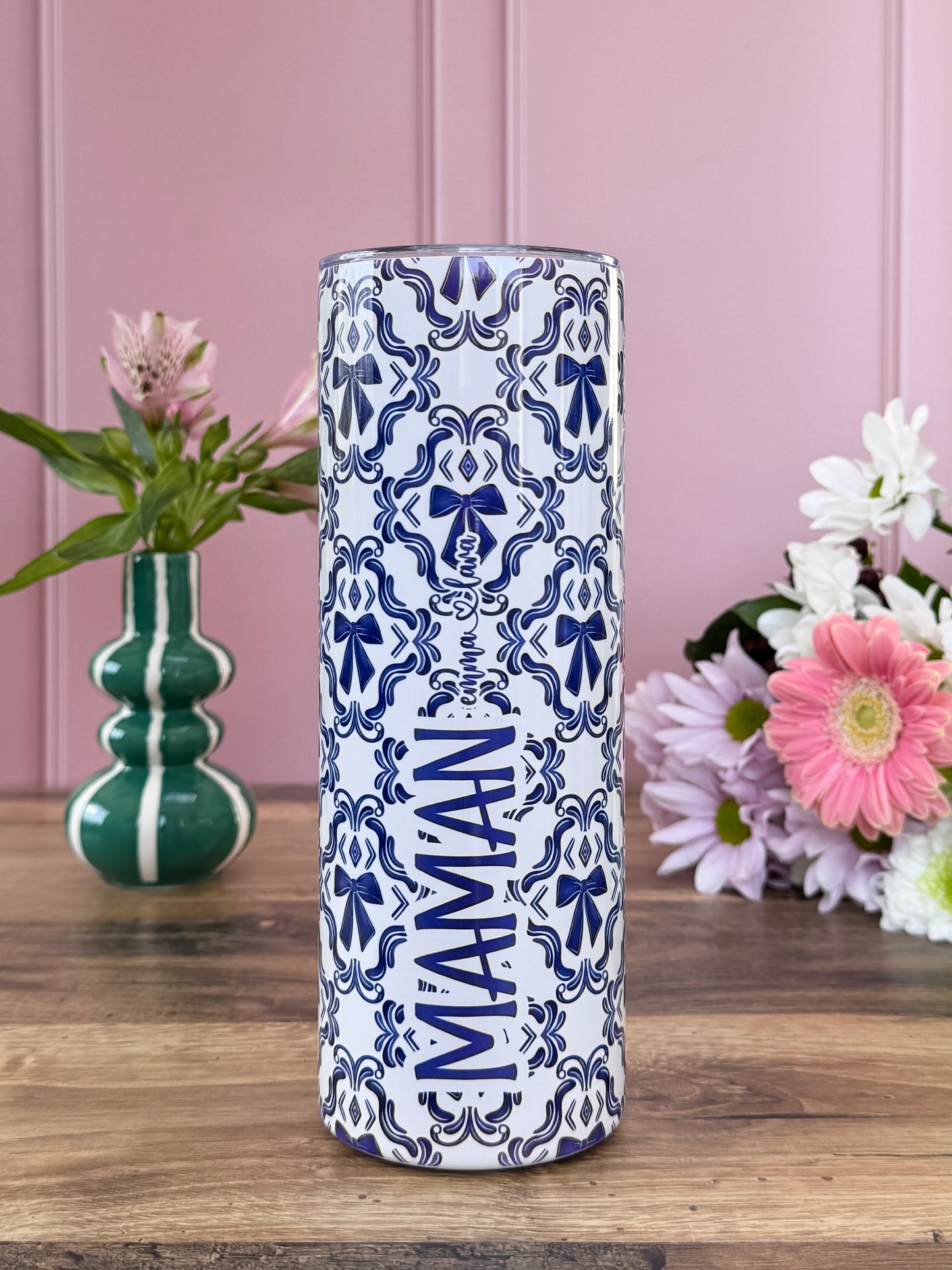 Mug Isotherme 591ml avec Couvercle et Paille - Maman - Noeuds Bleus - Personnalisable