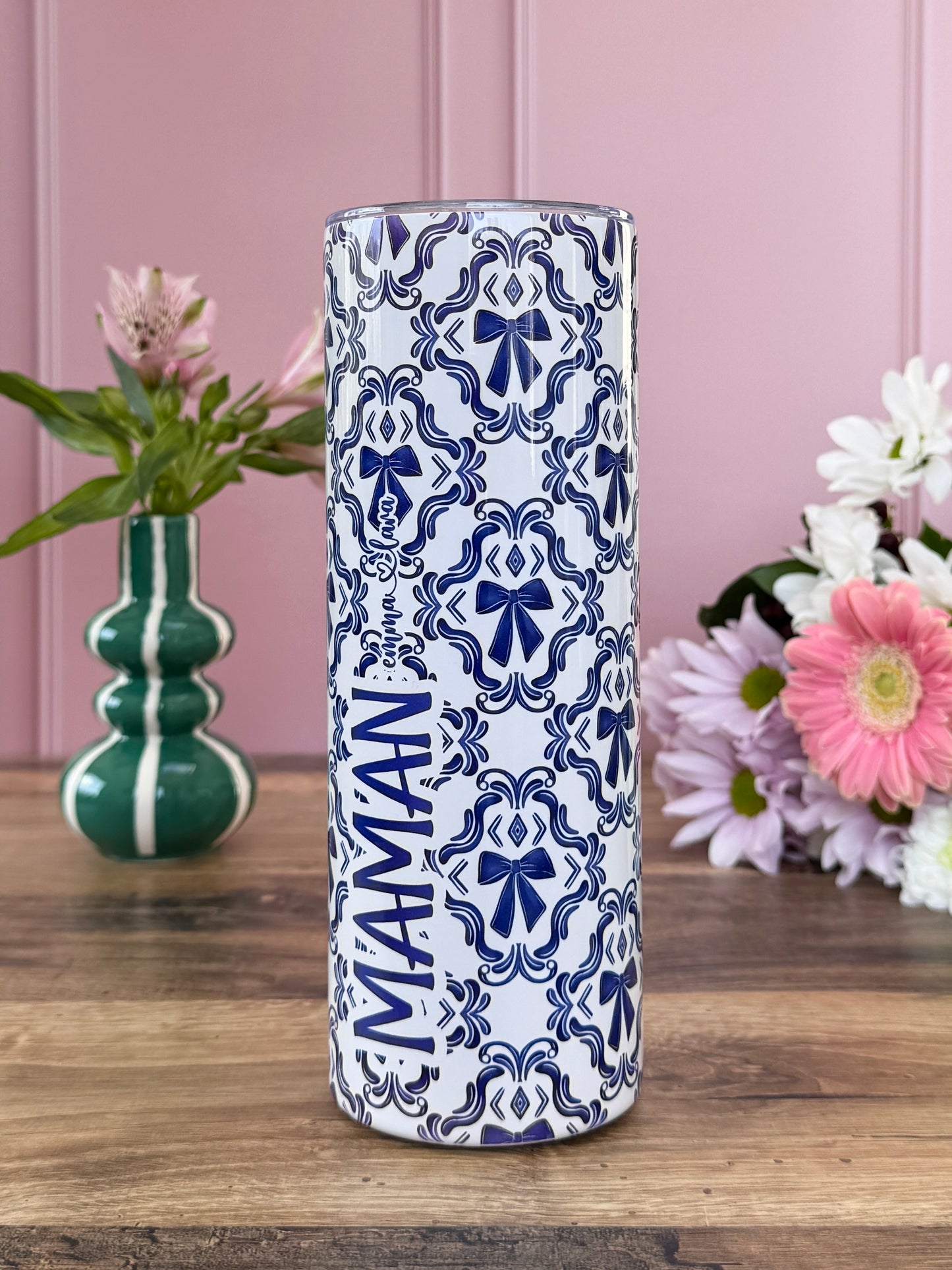 Mug Isotherme 591ml avec Couvercle et Paille - Maman - Noeuds Bleus - Personnalisable