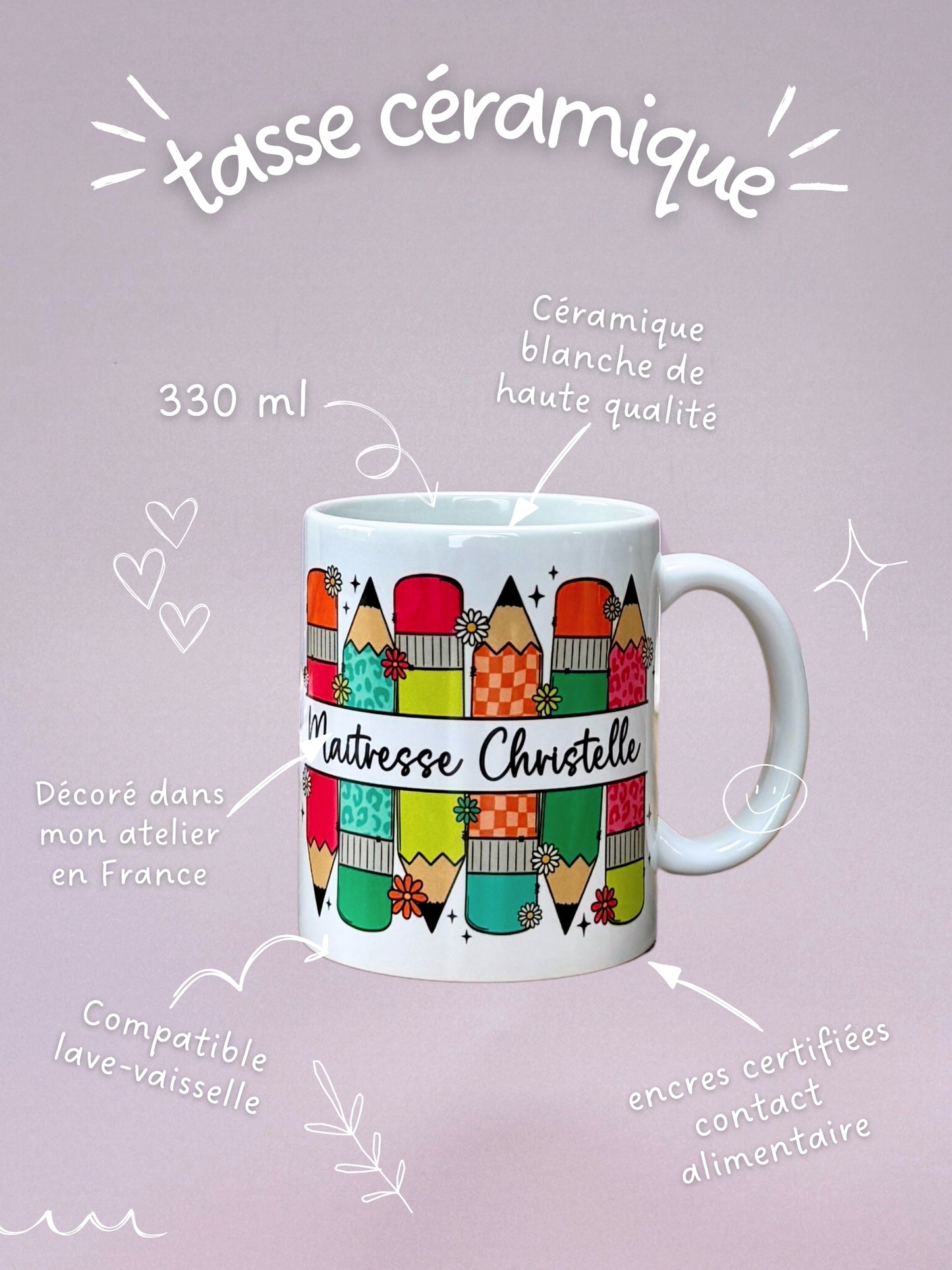 Tasse Céramique 330 ml - Maîtresse Aux Crayons - Personnalisable