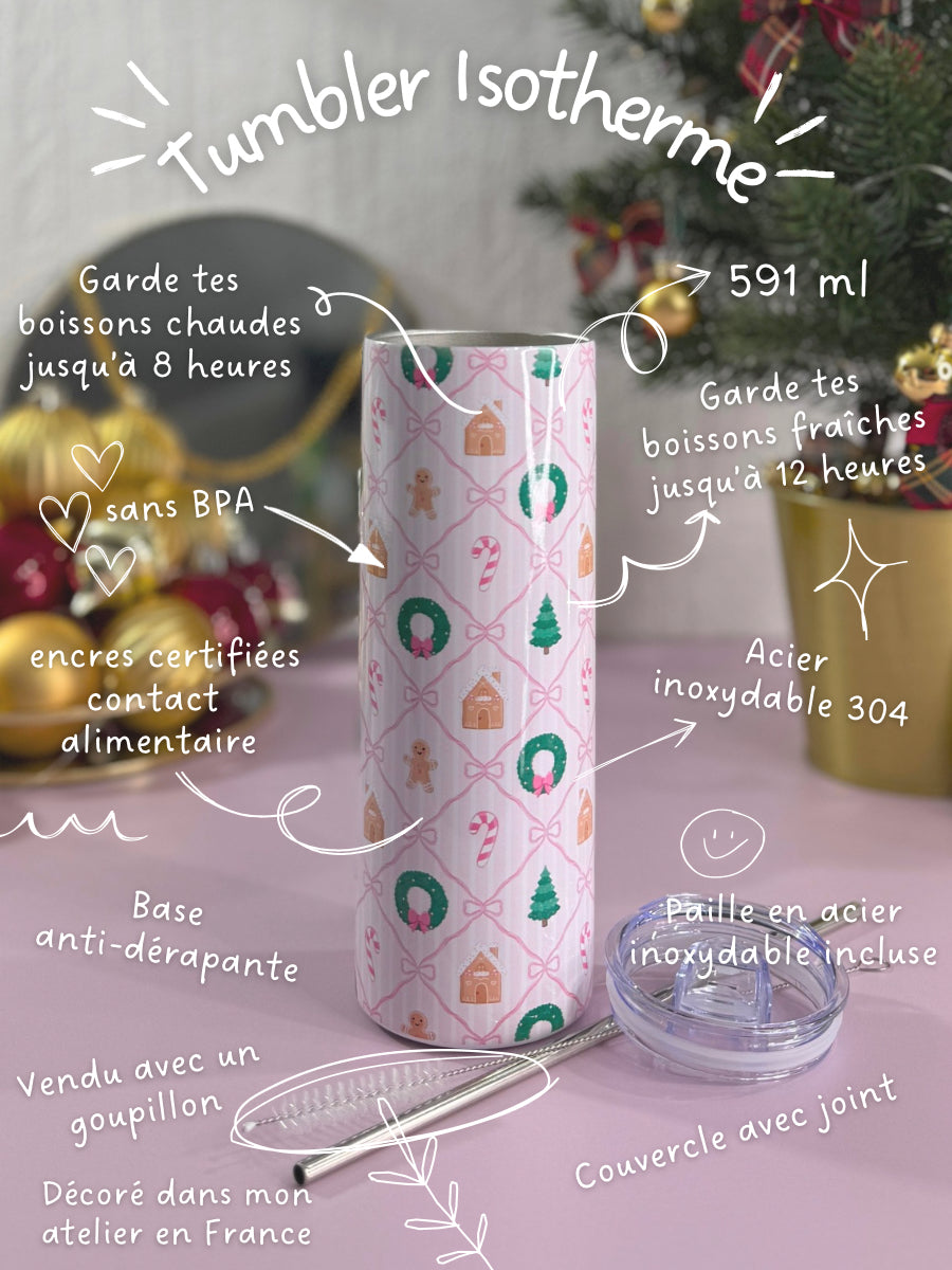 Tumbler Isotherme 591ml avec Couvercle et Paille - Christmas Ribbon