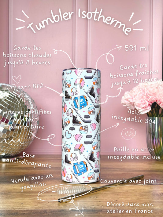 Tumbler Isotherme 591ml avec Couvercle et Paille - Hockey Romance