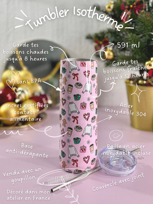 Tumbler Isotherme 591ml avec Couvercle et Paille - Christmas Girly