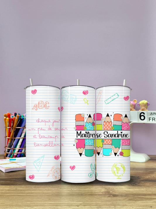 Mug Isotherme 591ml avec Couvercle et Paille - Maîtresse Cahier - Personnalisable
