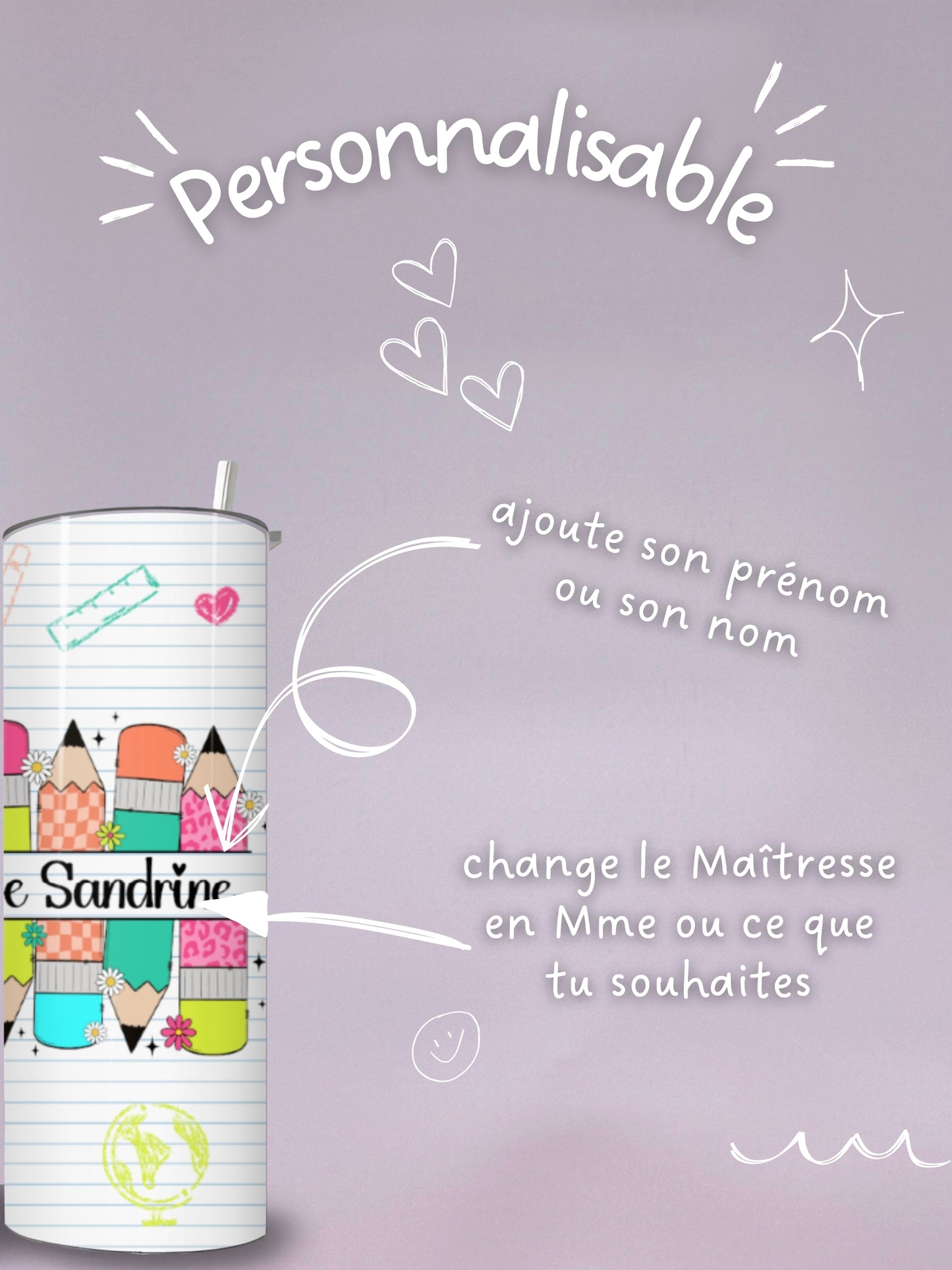 Mug Isotherme 591ml avec Couvercle et Paille - Maîtresse Cahier - Personnalisable