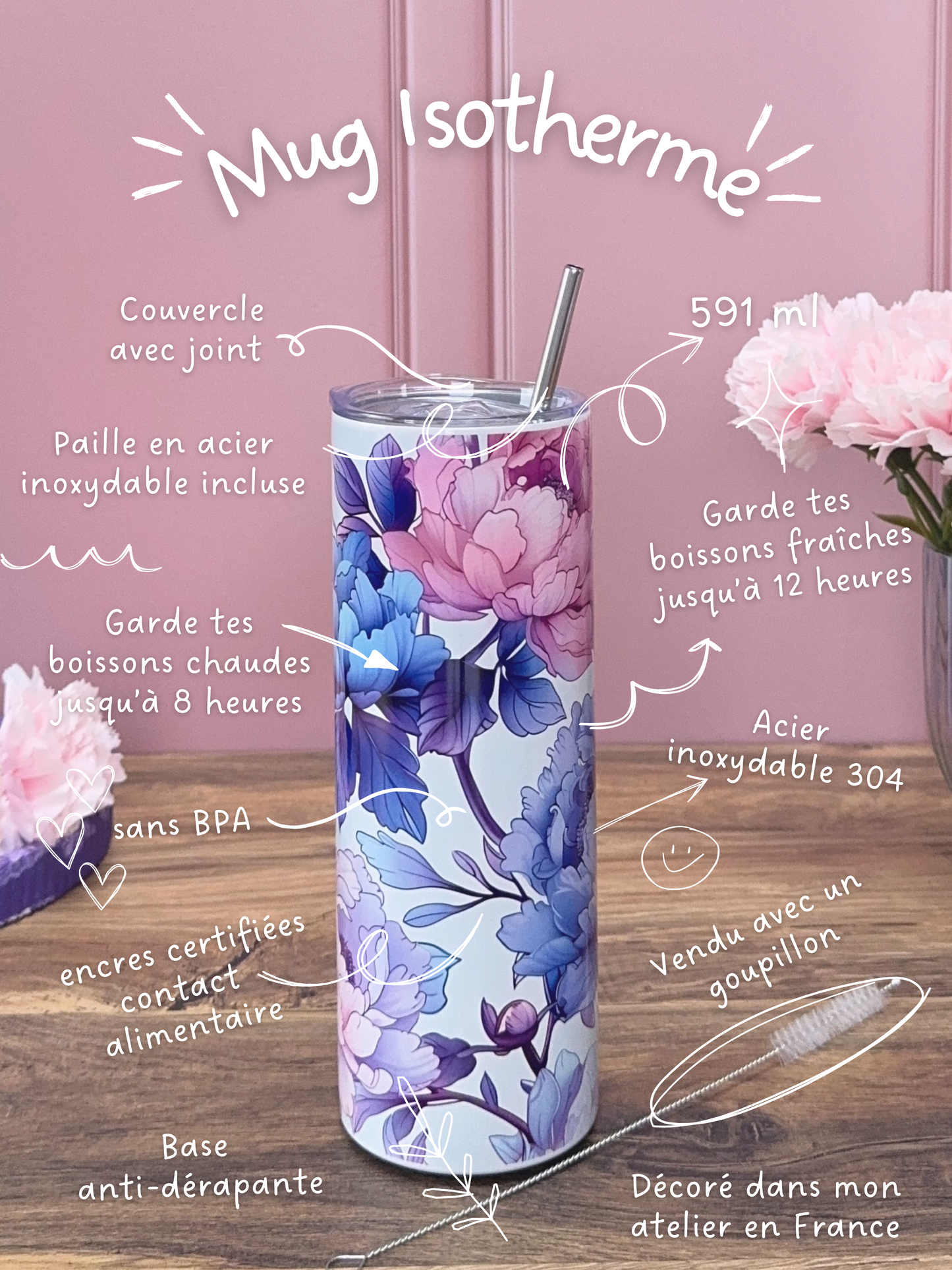 Mug Isotherme 591ml avec Couvercle et Paille - Flowers