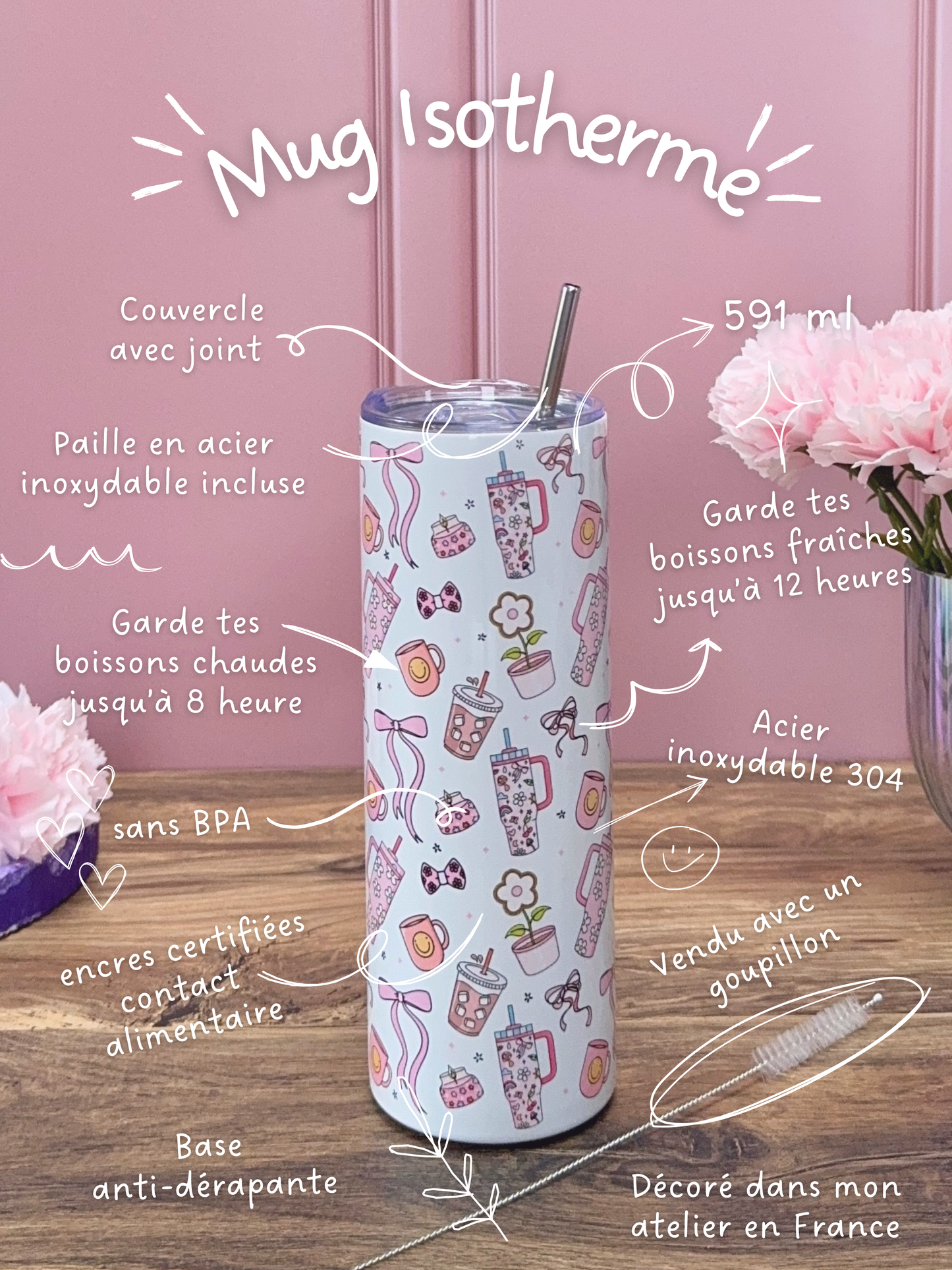 Tumbler Isotherme 591ml avec Couvercle et Paille - Girly Girl Tumbler