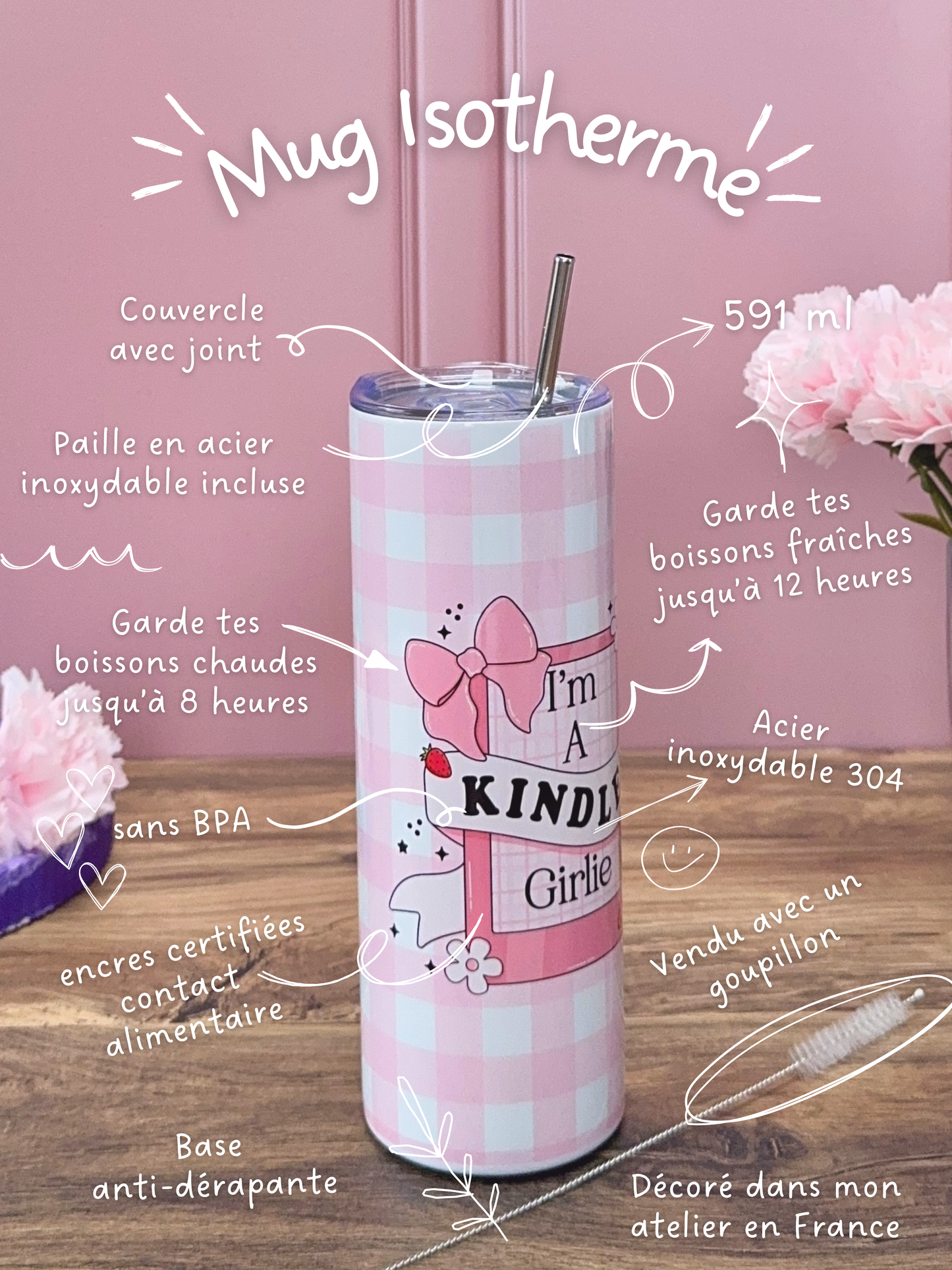 Mug Isotherme 591ml avec Couvercle et Paille - Kindle Girlie