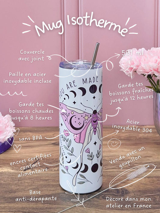 Mug Isotherme 591ml avec Couvercle et Paille - Magic Butterfly