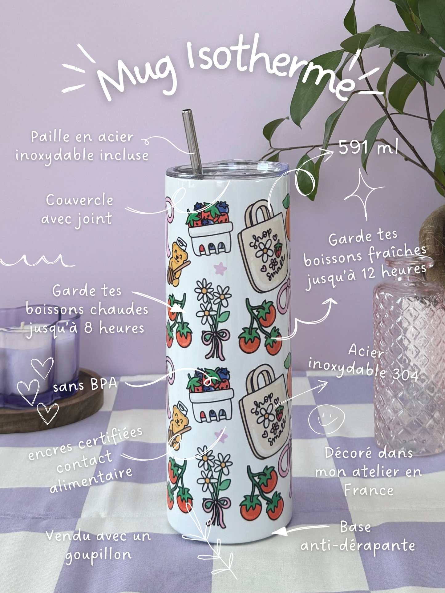 Tumbler Isotherme 591ml avec Couvercle et Paille - Retour Marché