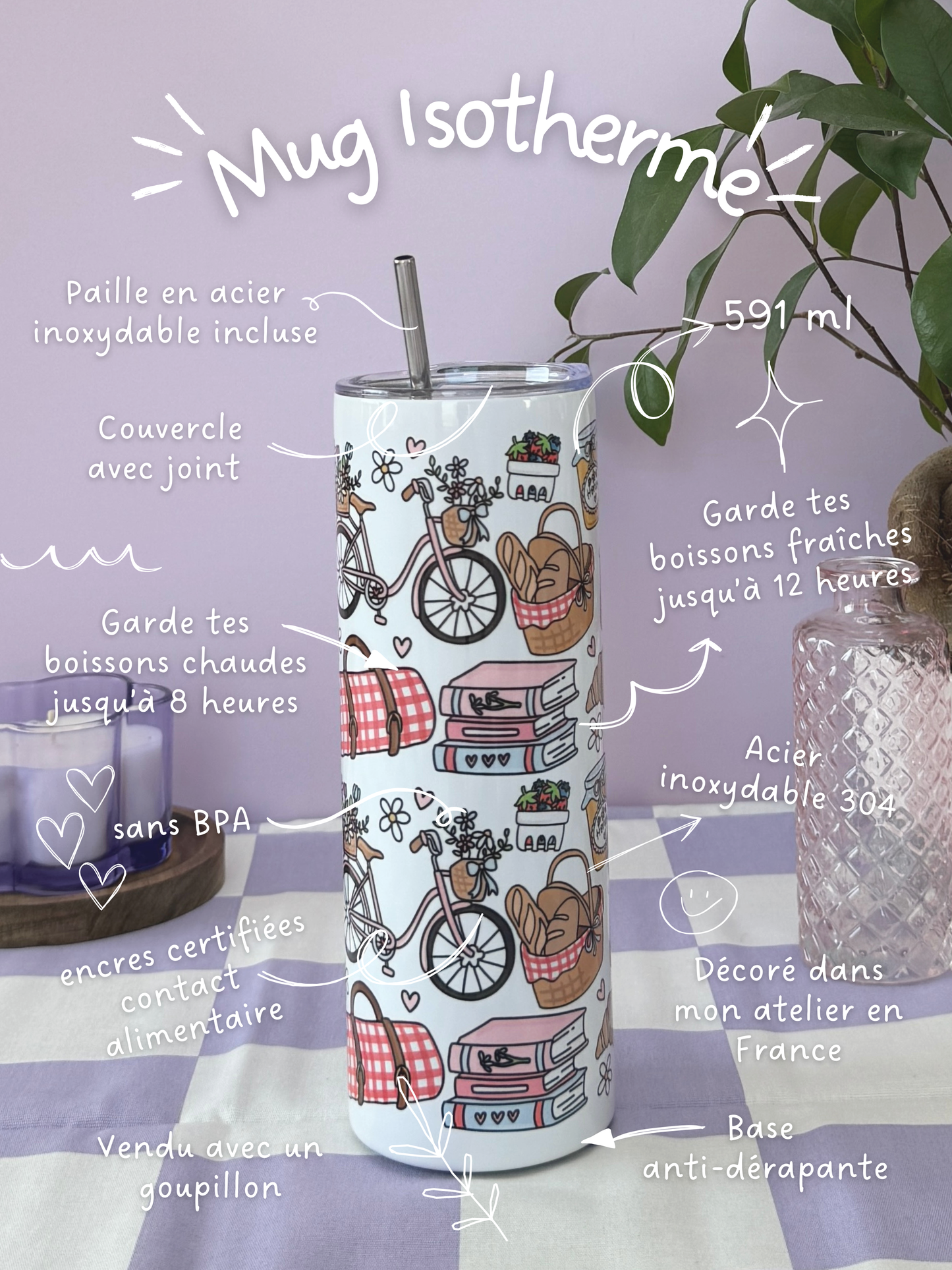 Mug Isotherme 591ml avec Couvercle et Paille - RDV pour un Pique-Nique