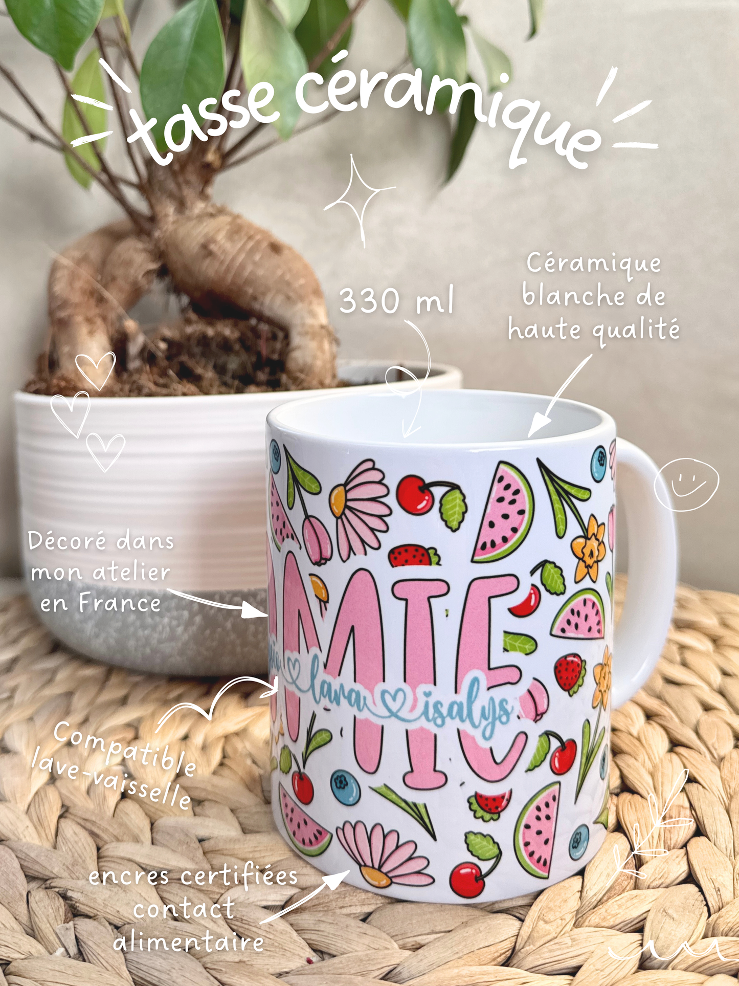 Tasse Céramique 330 ml - Personnalisable - Mamie Fleurs & Fruits