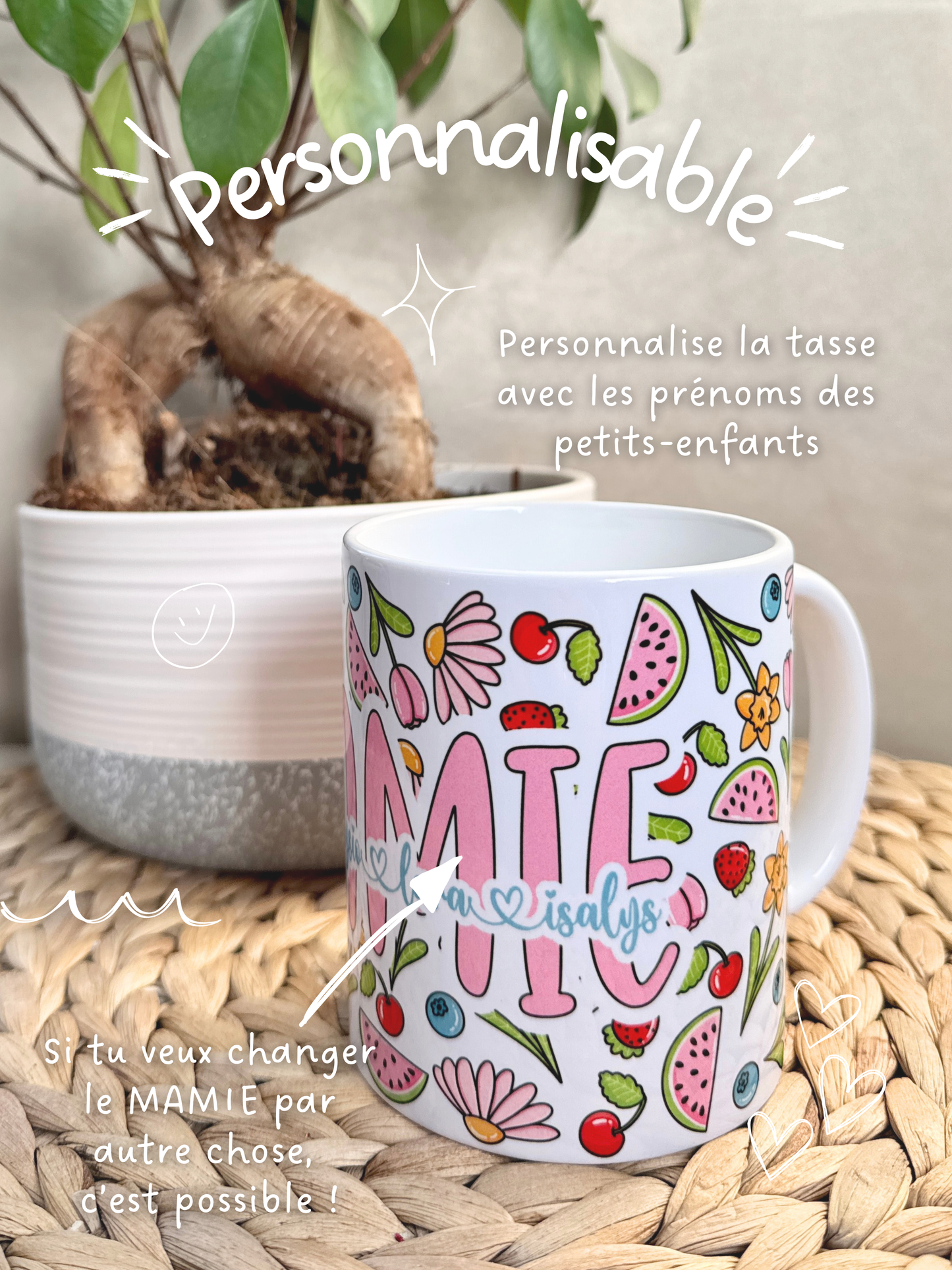 Tasse Céramique 330 ml - Personnalisable - Mamie Fleurs & Fruits