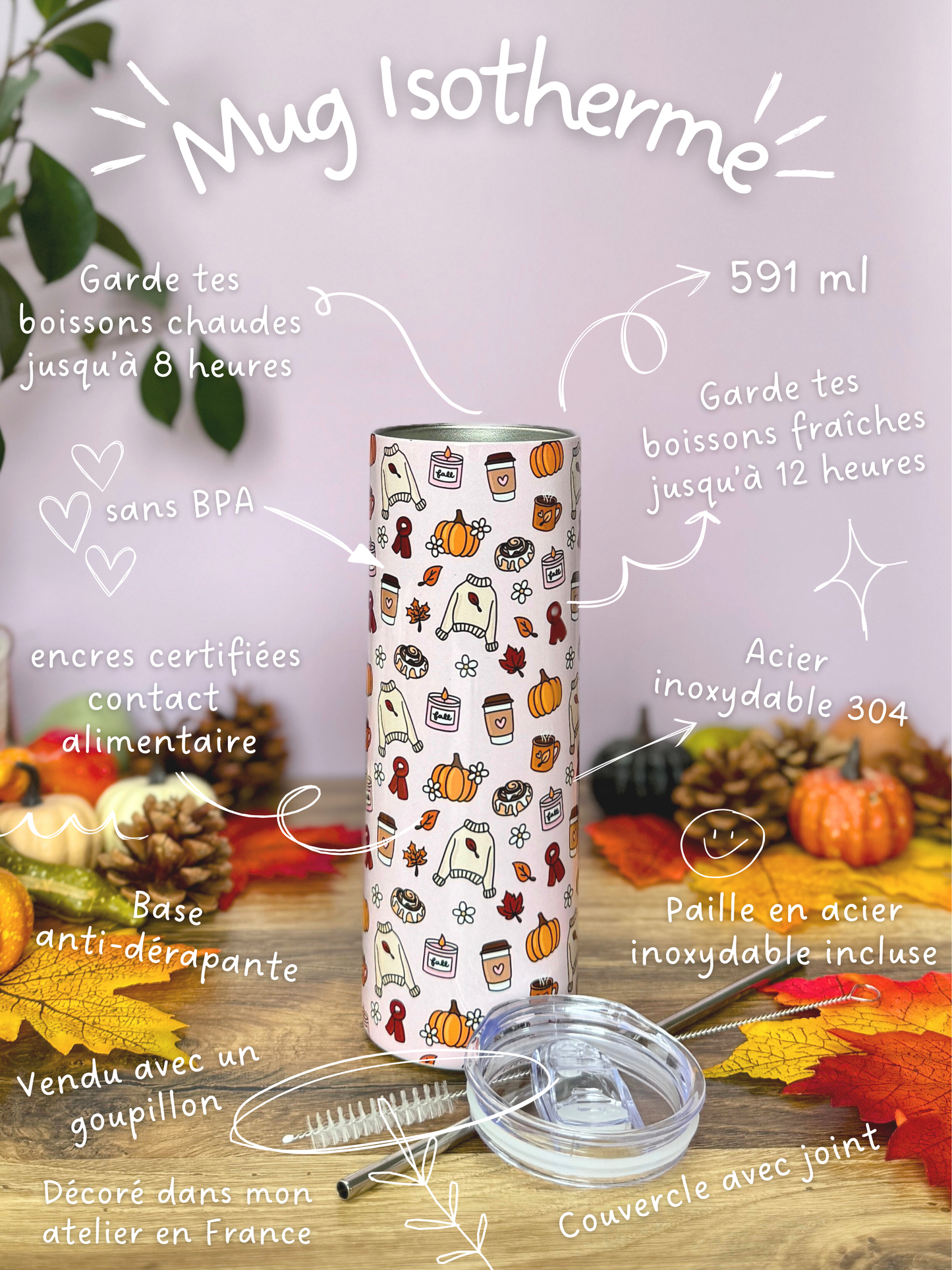 Tumbler Isotherme 591ml avec Couvercle et Paille - Cozy Girl D'Automne