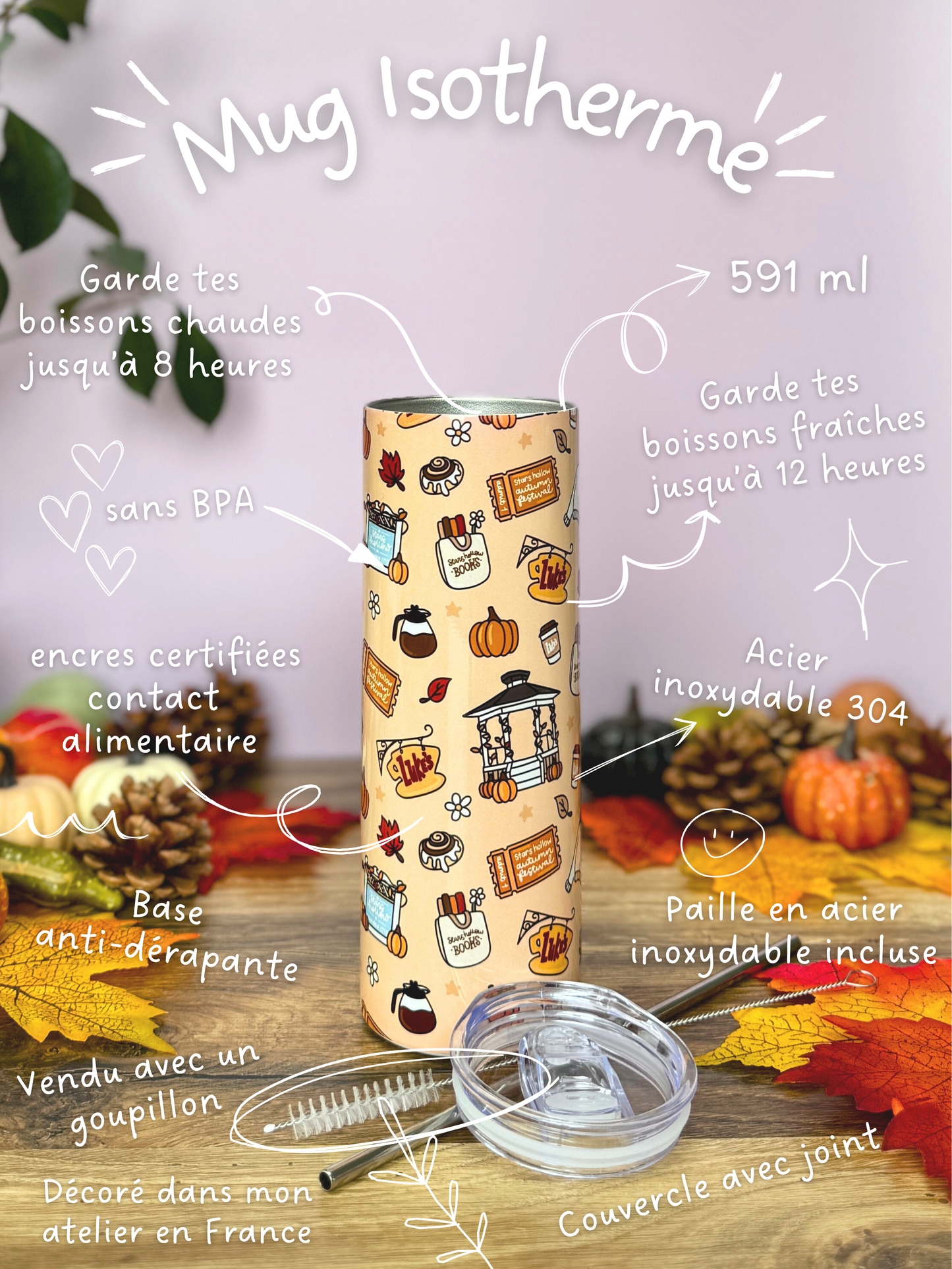 Tumbler Isotherme 591ml avec Couvercle et Paille - Festival D'Automne