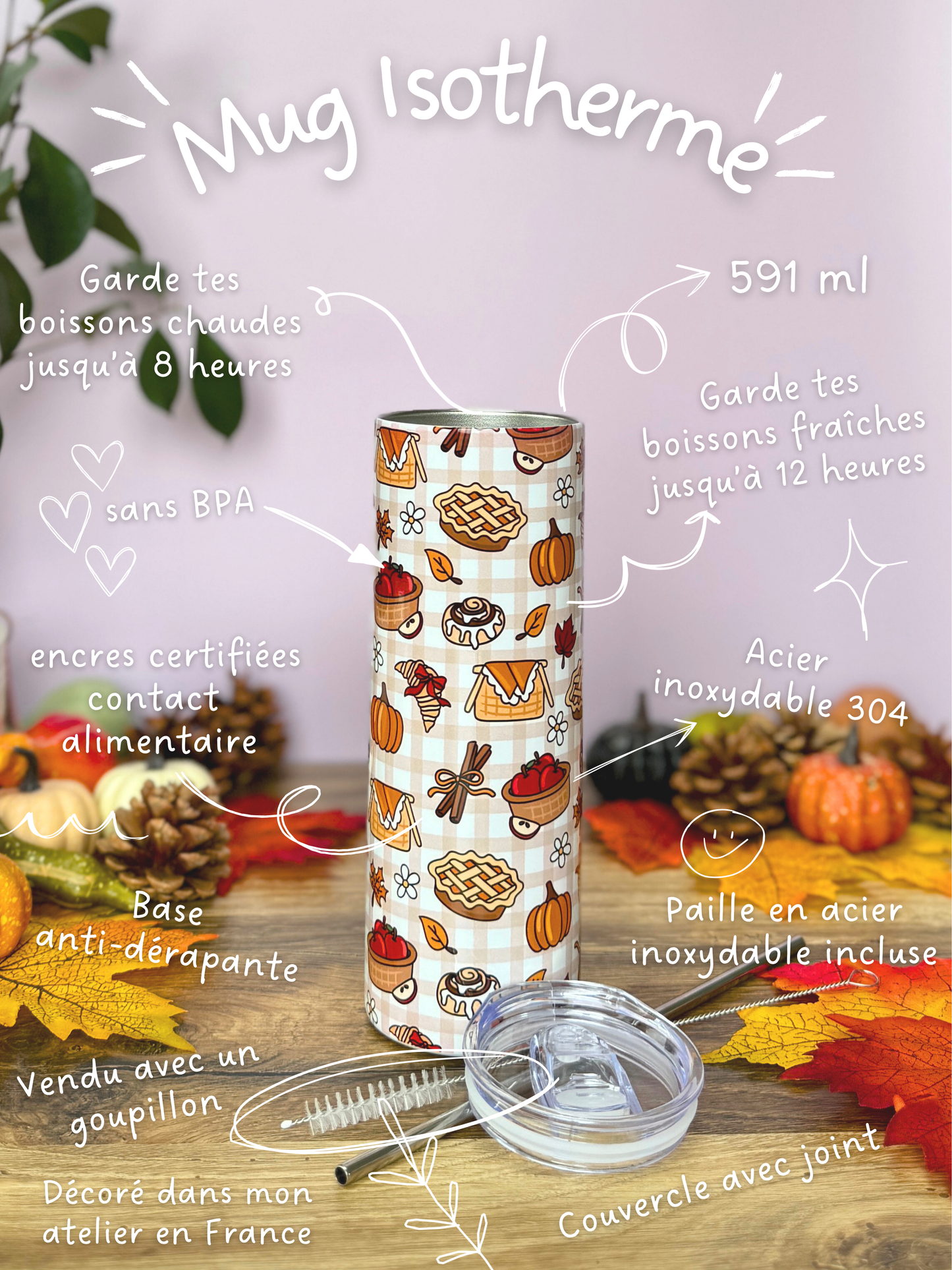 Mug Isotherme 591ml avec Couvercle et Paille - Gourmandises D'Automne
