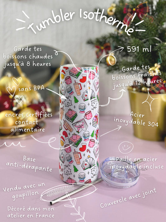 Tumbler Isotherme 591ml avec Couvercle et Paille - Bookish Christmas