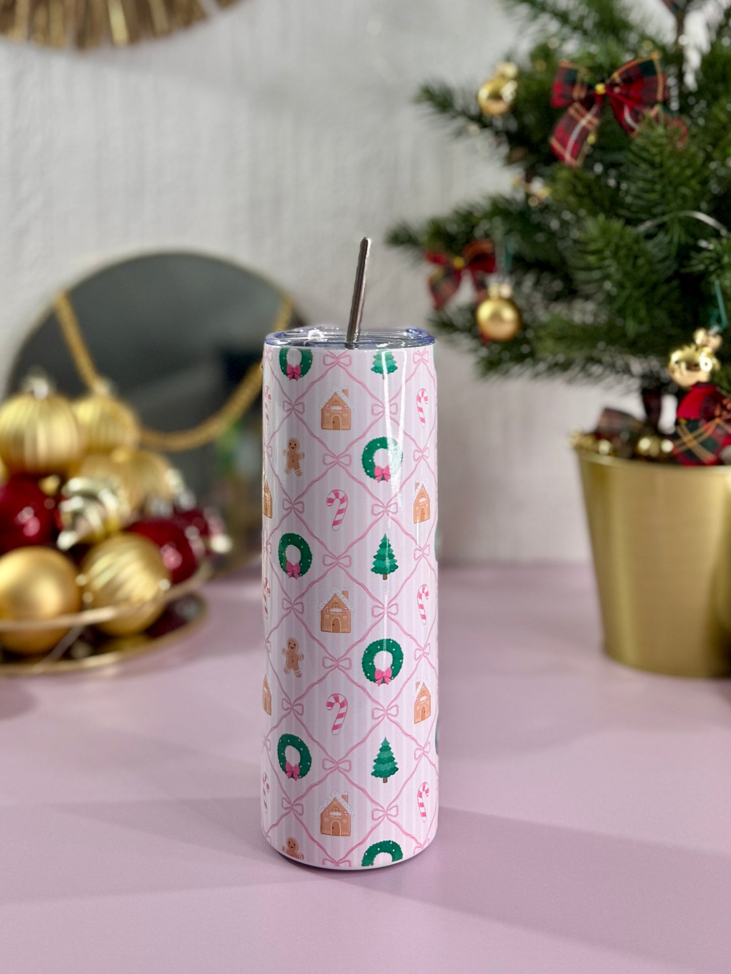 Mug Isotherme 591ml avec Couvercle et Paille - Christmas Ribbon